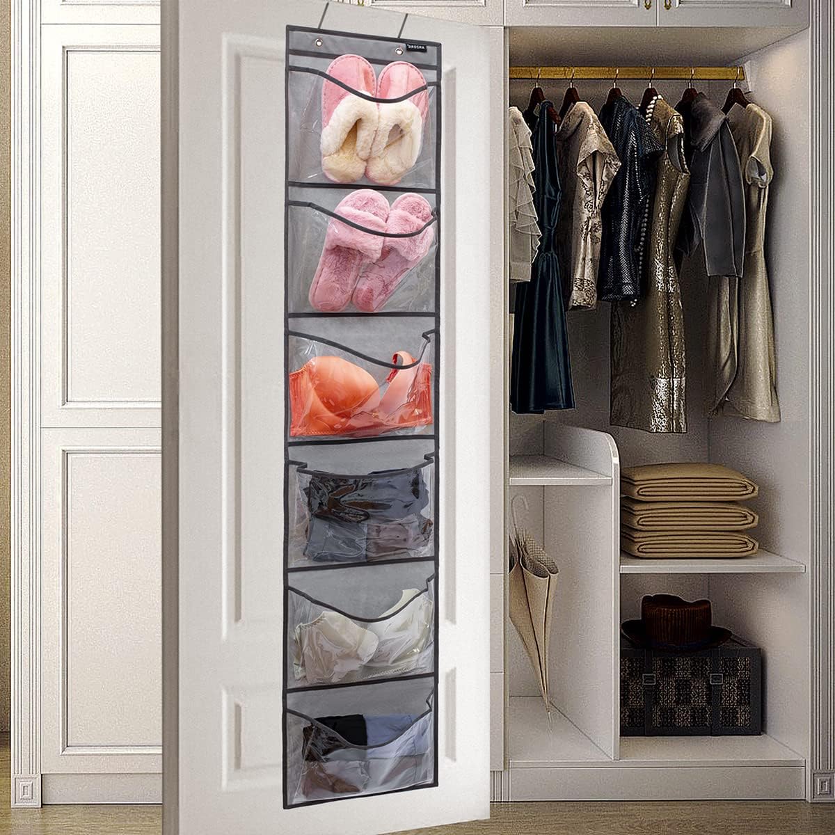 Organizador de zapatos con bolsillos extra grandes para armario sobre la puerta estrecha para colgar zapatos (6 bolsillos grandes, gris)