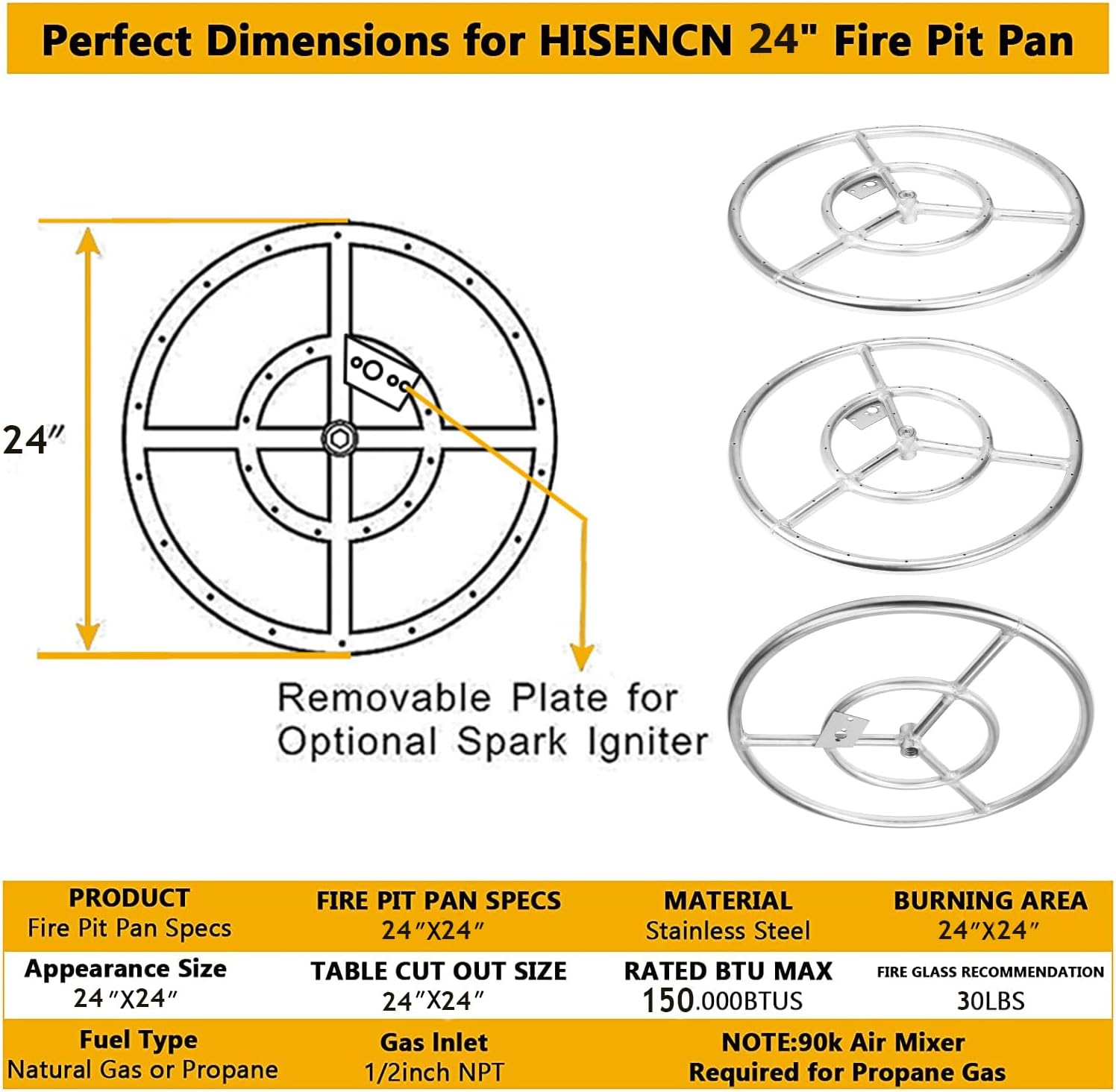 Hisencn Kit de anillos para quemador de fogata de 24 pulgadas, acero inoxidable 304, inserto redondo con encendido por chispa y manguera de propano