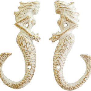 Juego de 2 ganchos decorativos de pared de hierro fundido de sirena, temática de playa y océano, decoración de pared rústica vintage (blanco, Juego de 2 ganchos decorativos de pared de hierro fundido de sirena, temática de playa y océano, decoración de pared rústica vintage (blanco,