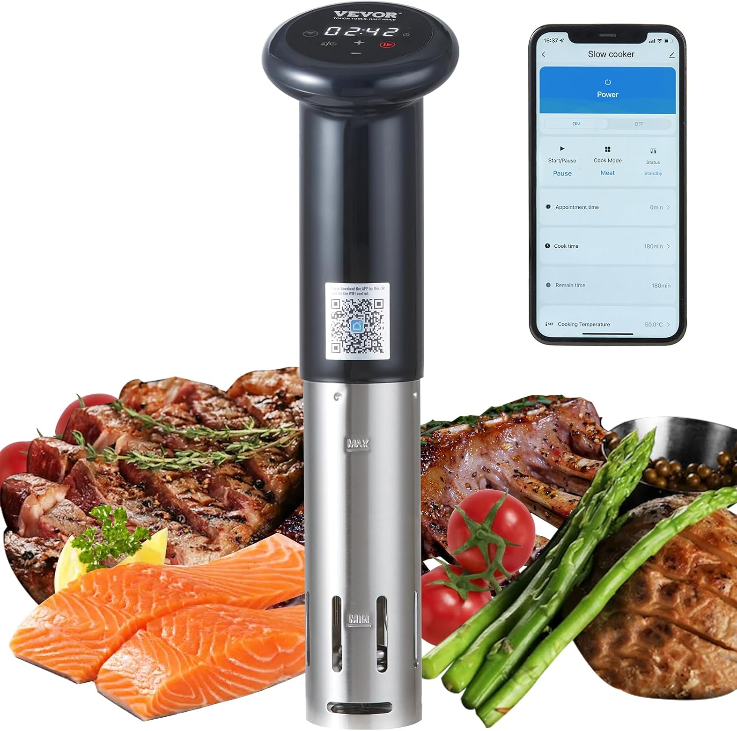 VEVOR Máquina Sous Vide con control de aplicación Bluetooth Wi-Fi Connect, circulación de inmersión de 1200 W, IPX7 impermeable, con control de