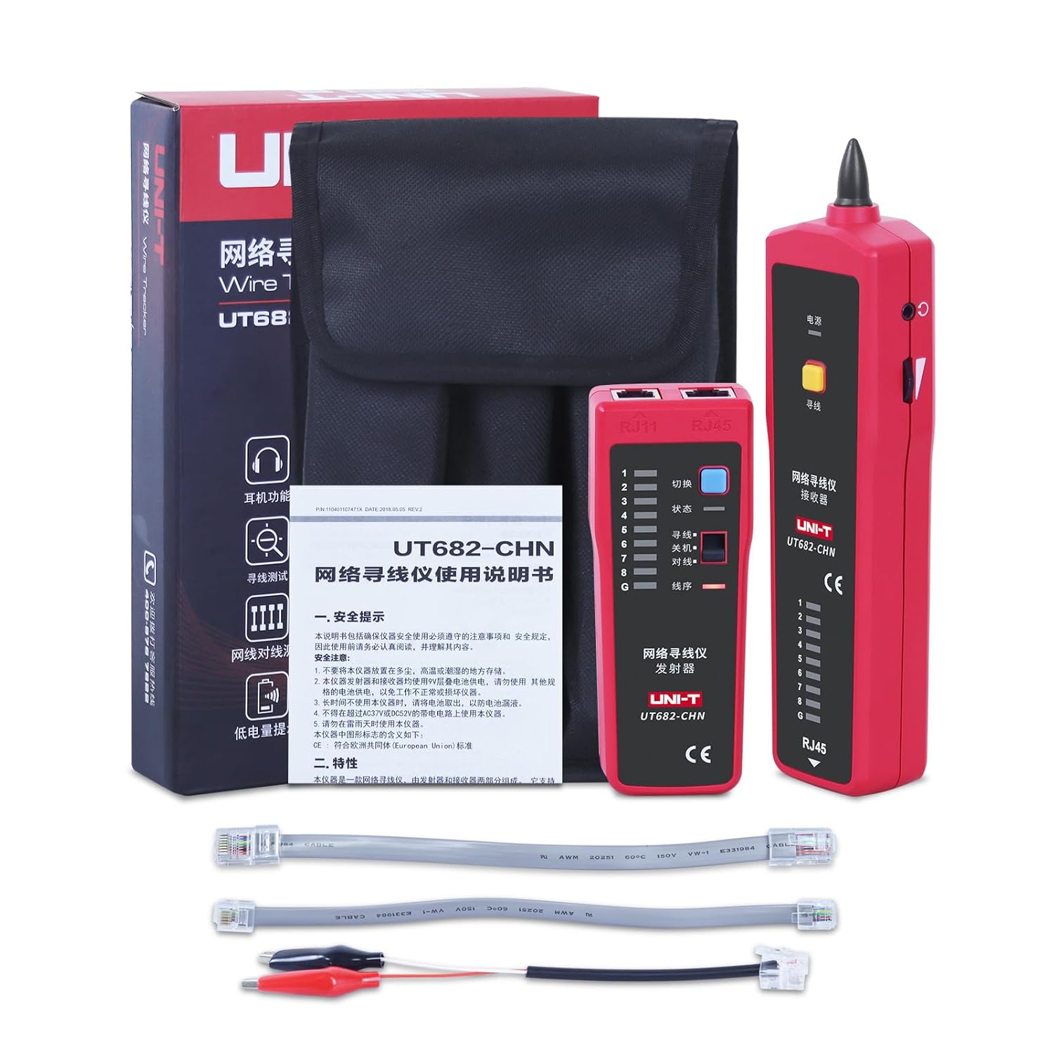UNI-T Kit de sonda de tono de seguimiento de alambre de red Probador Línea de teléfono de mano RJ11 RJ45 Buscador de cable de alimentación