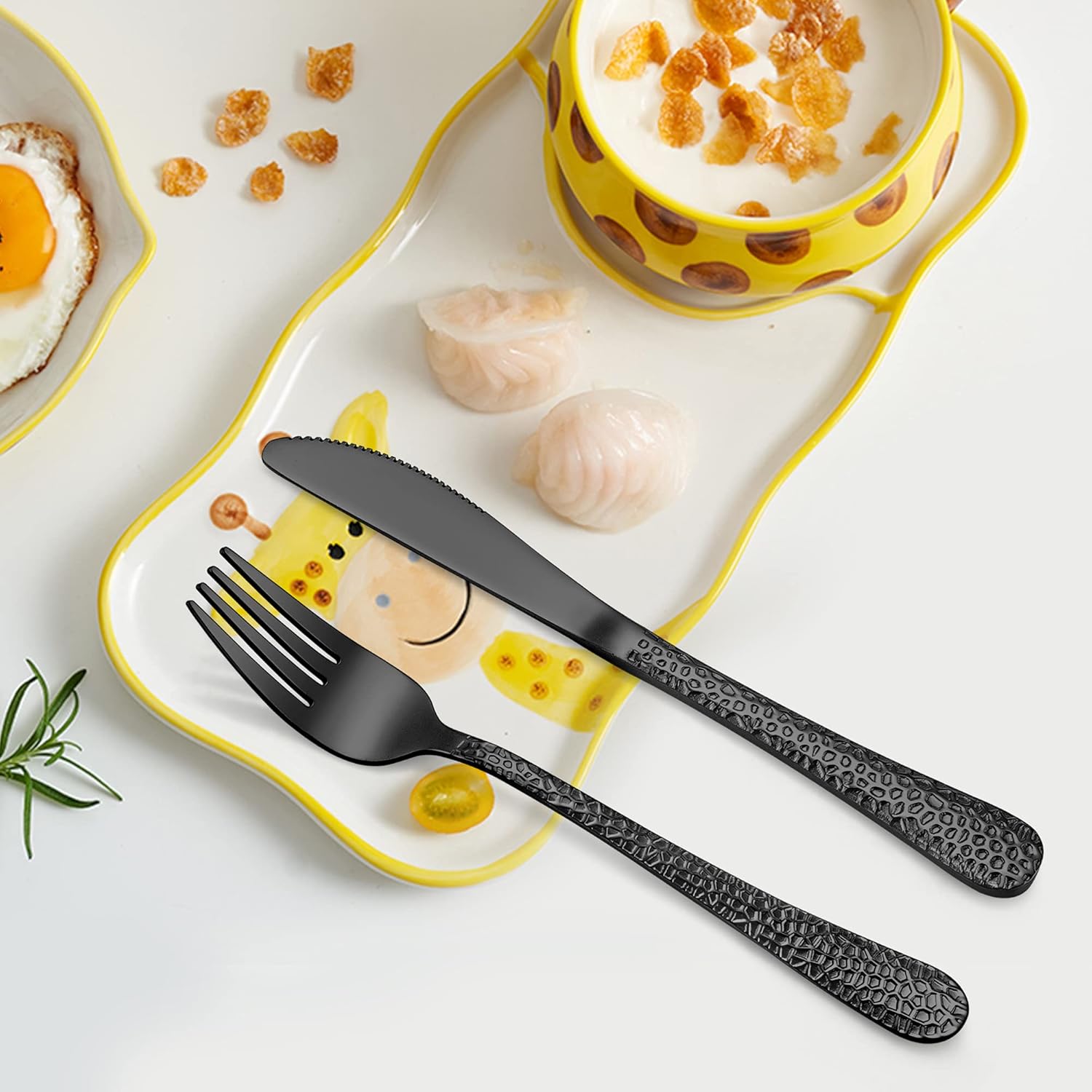LIANYU Juego de cubiertos negros de 12 piezas para niños, utensilios de acero inoxidable para niños preescolares, juego de cubiertos de metal
