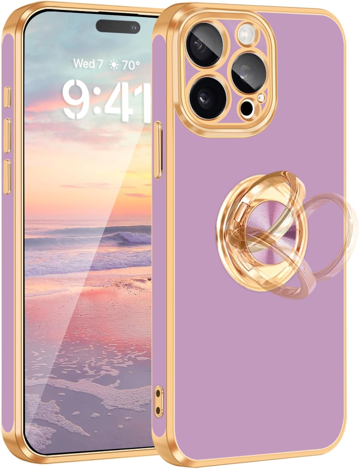 Fingic Funda para iPhone 15 Pro con soporte de anillo giratorio de 360 soporte magnético para automóvil chapado en oro brillante Funda protectora