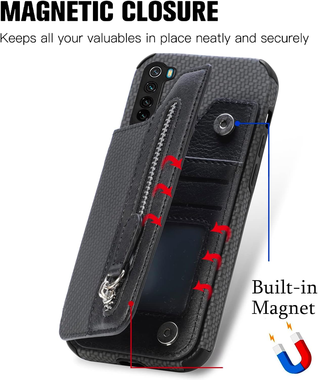 Funda de teléfono para Xiaomi Redmi Note 8 Funda tipo cartera con protector de pantalla de vidrio templado y cremallera Soporte para tarjeta de