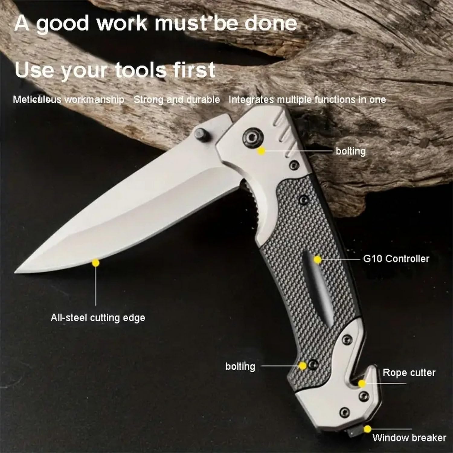 Yerdchts Cuchillo plegable SS de 8.58 pulgadas con hoja afilada de 3.74 pulgadas, cuchillo plegable para tácticas de autodefensa al aire libre,