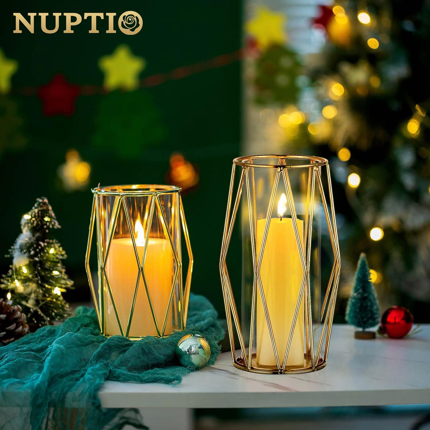 Nuptio Portavelas para velas de pilar, candelabros geométricos, jarrón dorado con cilindro de huracán de vidrio, doble uso para boda, fiesta de