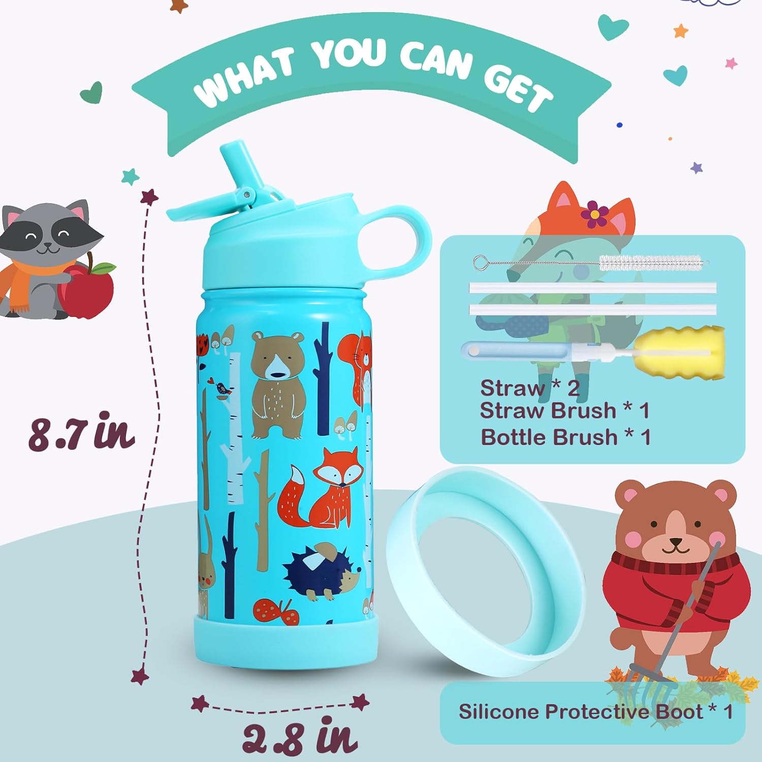 Botella de agua para niños con tapa de popote a prueba de fugas, sin polvo, botellas de agua de 14 onzas para niños con bota, botella de agua de