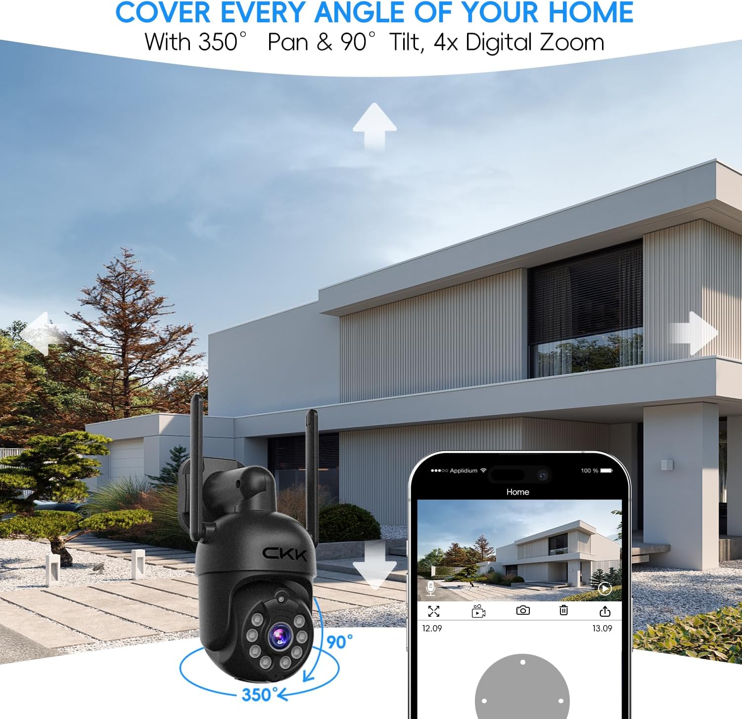 CKK Cámara de seguridad 2K con visión nocturna a color para exteriores, cámaras PTZ inalámbricas para detección humana con IA en el hogar y