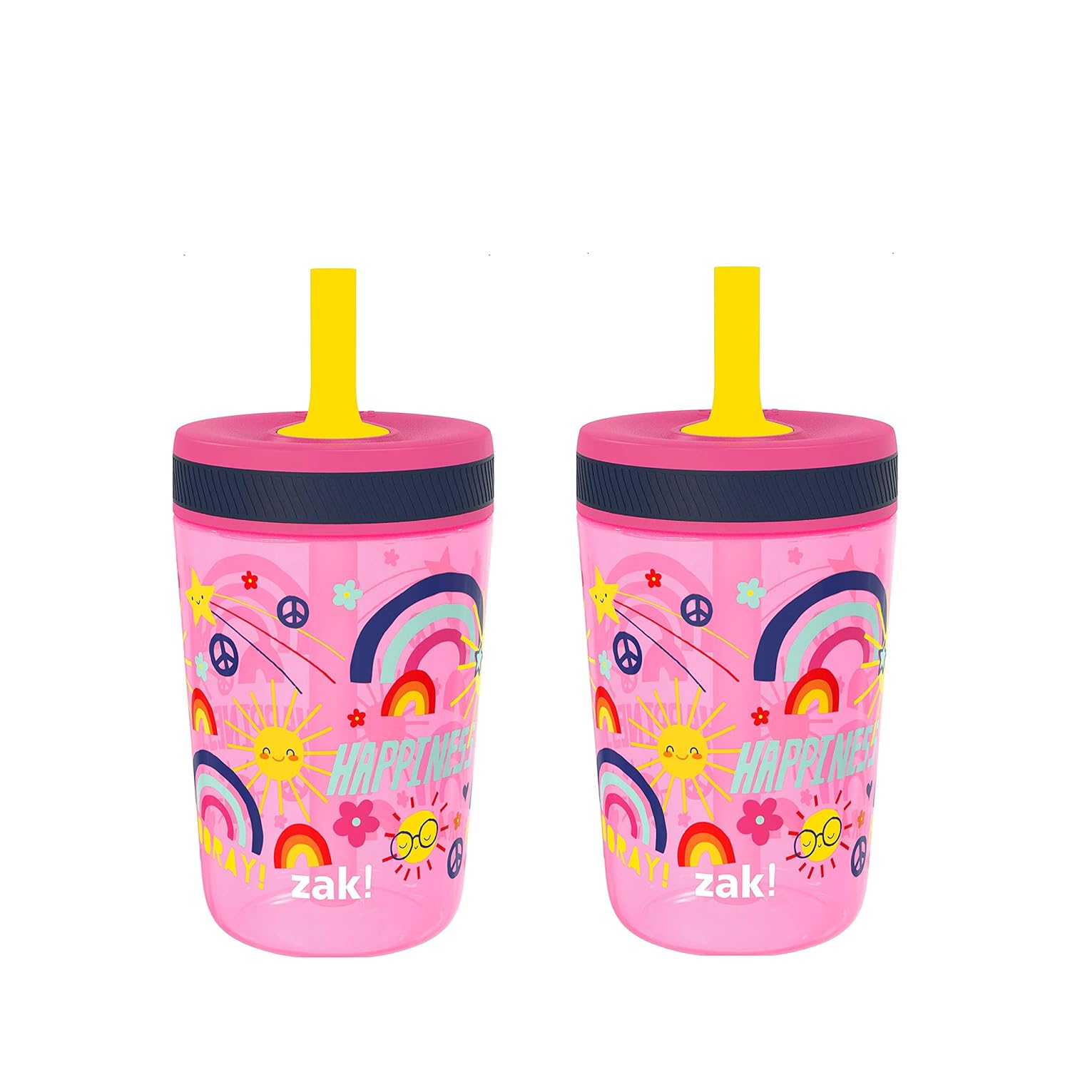Zak Designs Kelso – Juego de vasos de 15 onzas, (Starpower) sin BPA a prueba de fugas con tapa de rosca con pajilla, hecho de plástico duradero y
