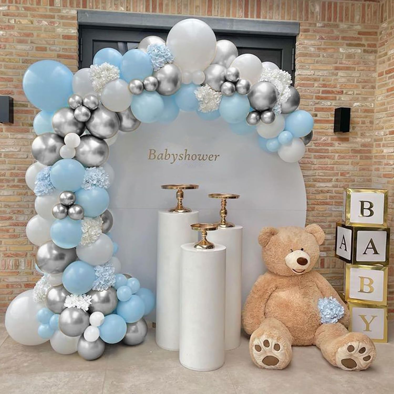 Kit de arco de globos azules y blancos para bebé, kit de guirnalda de globos azules, globos blancos y plateados para cumpleaños, despedida de
