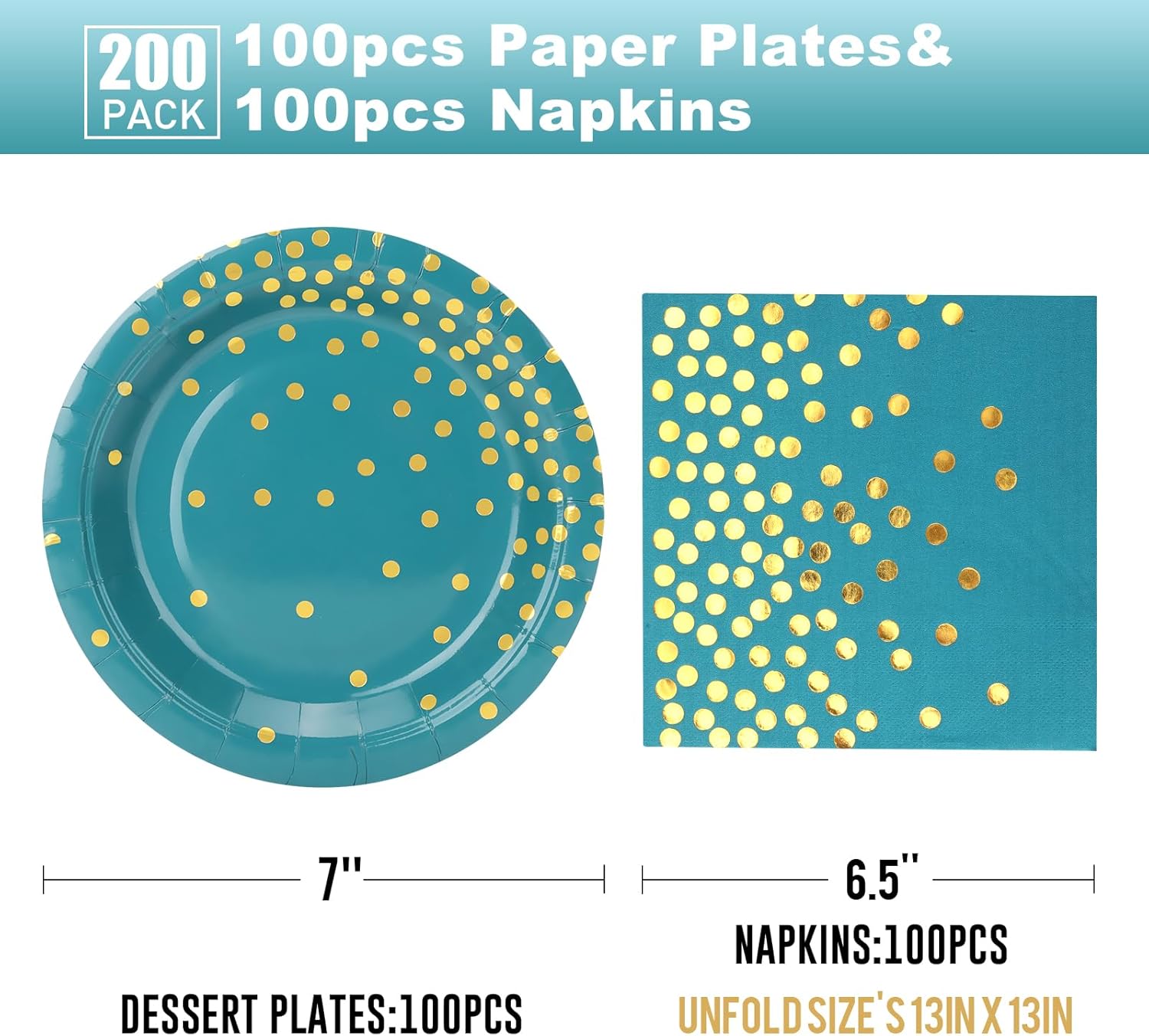 Paquete de 200 platos y servilletas de papel azul y verde dorado, 100 platos de postre de 7 pulgadas y 100 servilletas de 6.5 pulgadas, platos de
