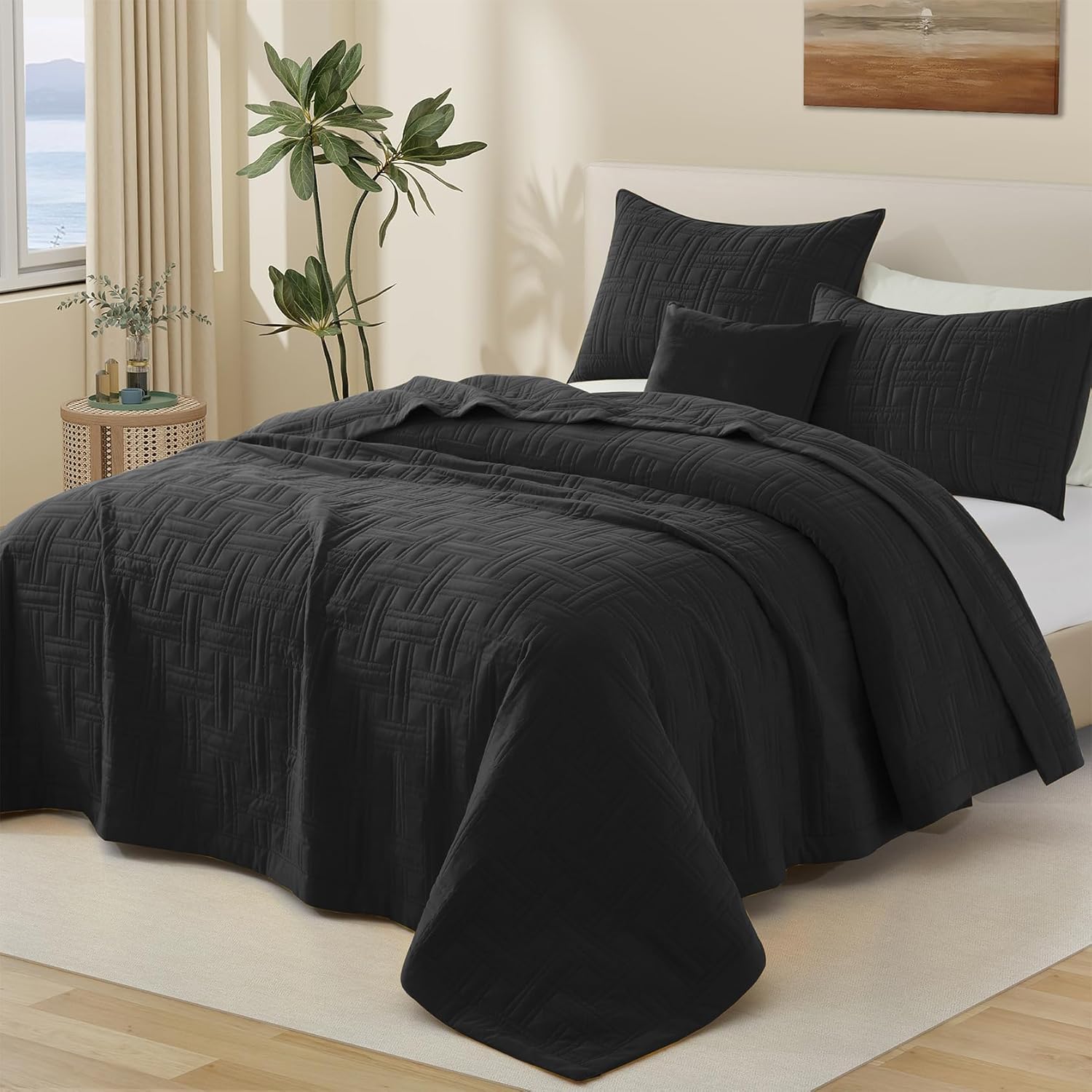 Juego de edredón negro tamaño Queen, juego de ropa de cama ligero de verano delgado, juego de edredón y colcha de microfibra suave para todas las