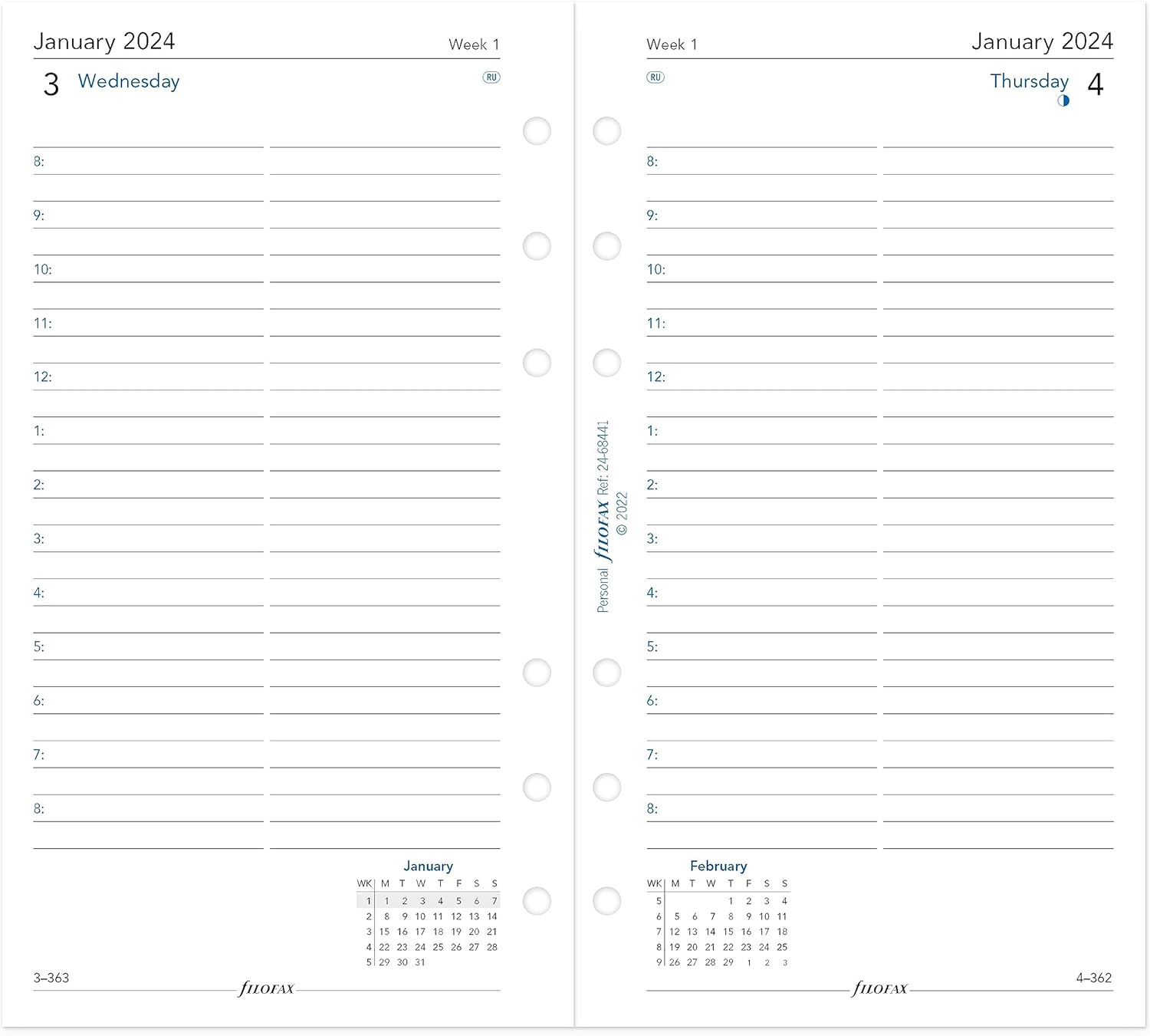 Filofax Calendario de recambio de diario, tamaño personalcompacto, día en una página con citas, a rayas, papel blanco, inglés, 2024 (C68441-24)