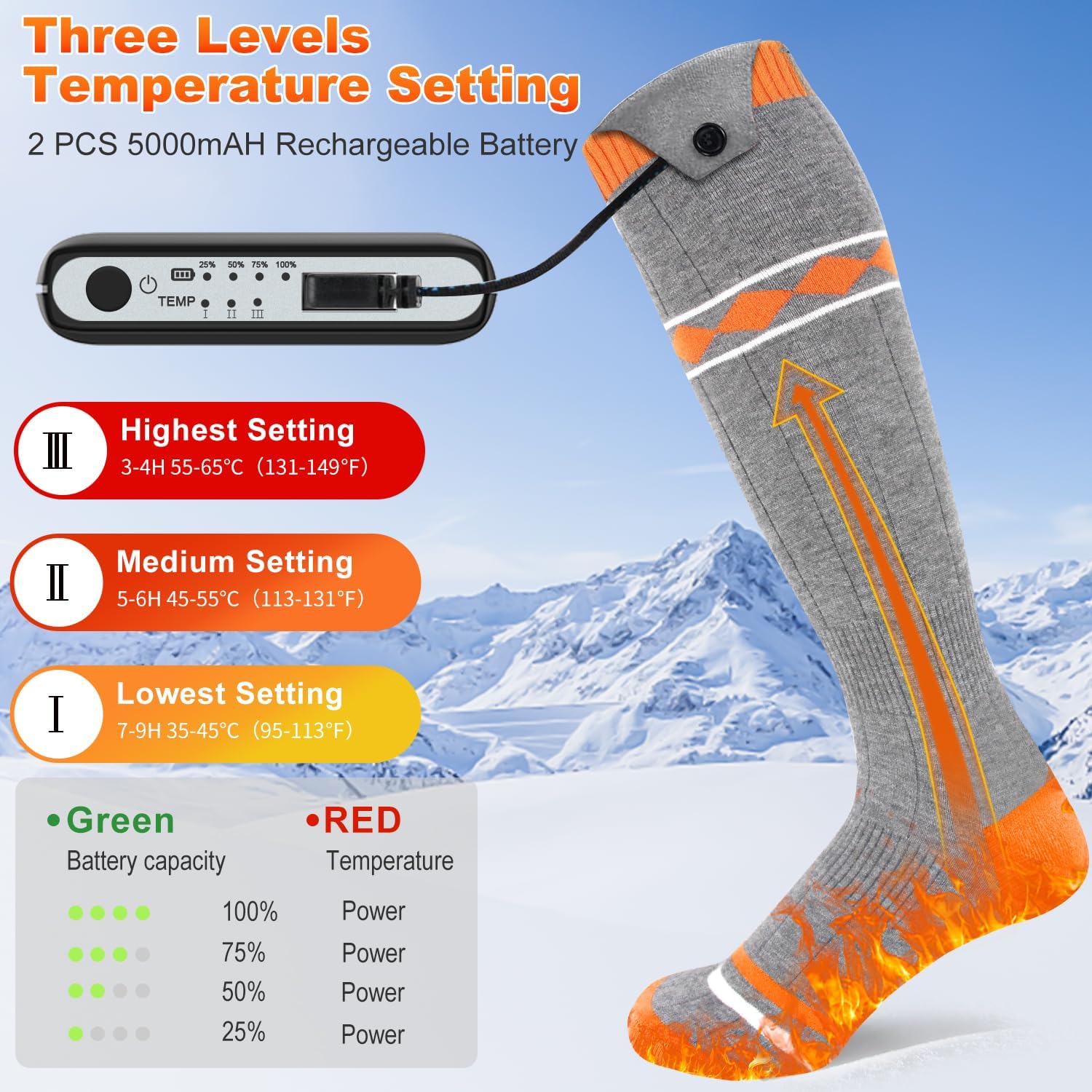 Calcetines calefactables para hombres y mujeres, 5000 mAh recargable, calcetines de calefacción eléctrica con 3 ajustes de calefacción y aplicación