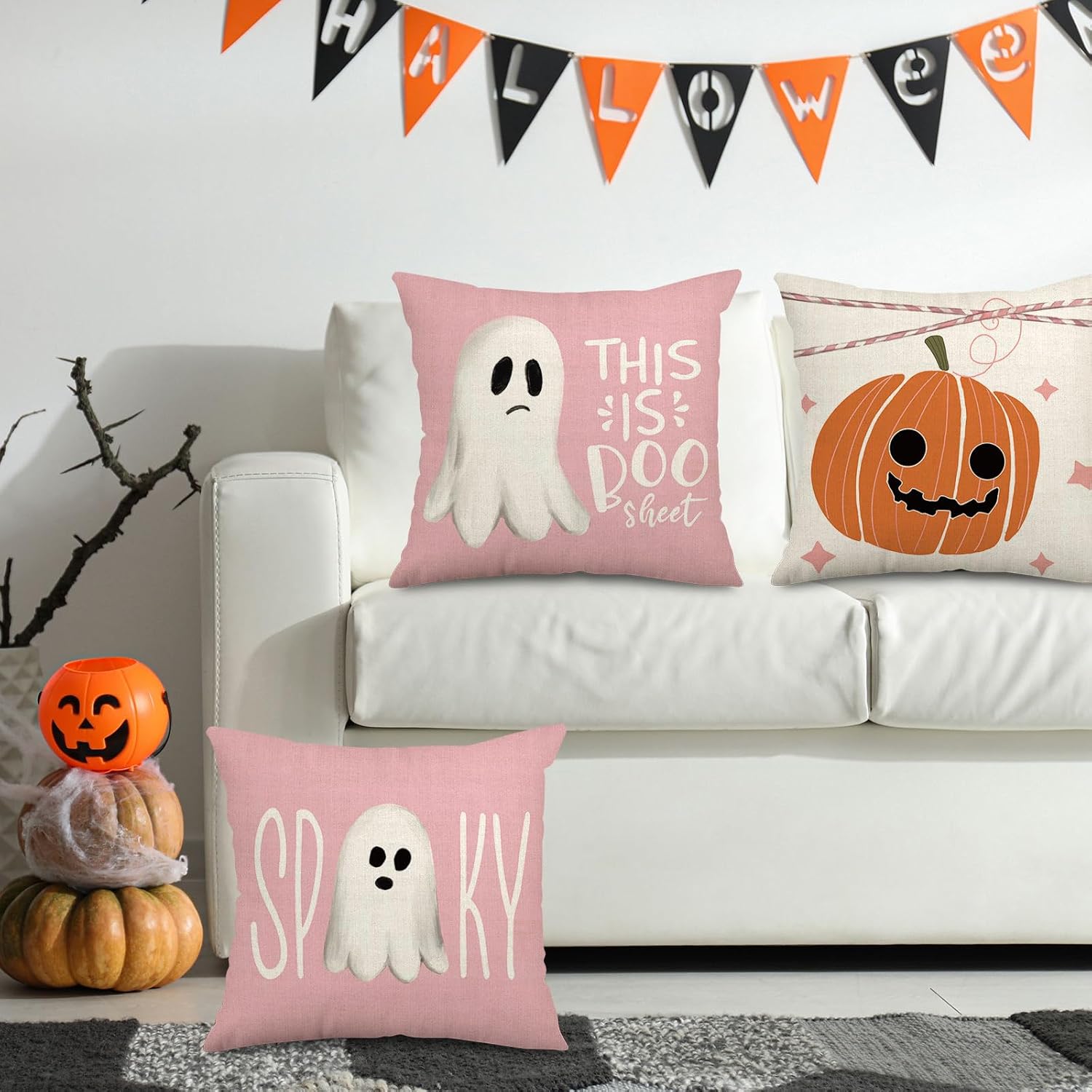 AnyDesign – Fundas de almohada rosadas de Halloween con diseño de calabaza fantasma, funda de almohada de Halloween, decoración espeluznante de