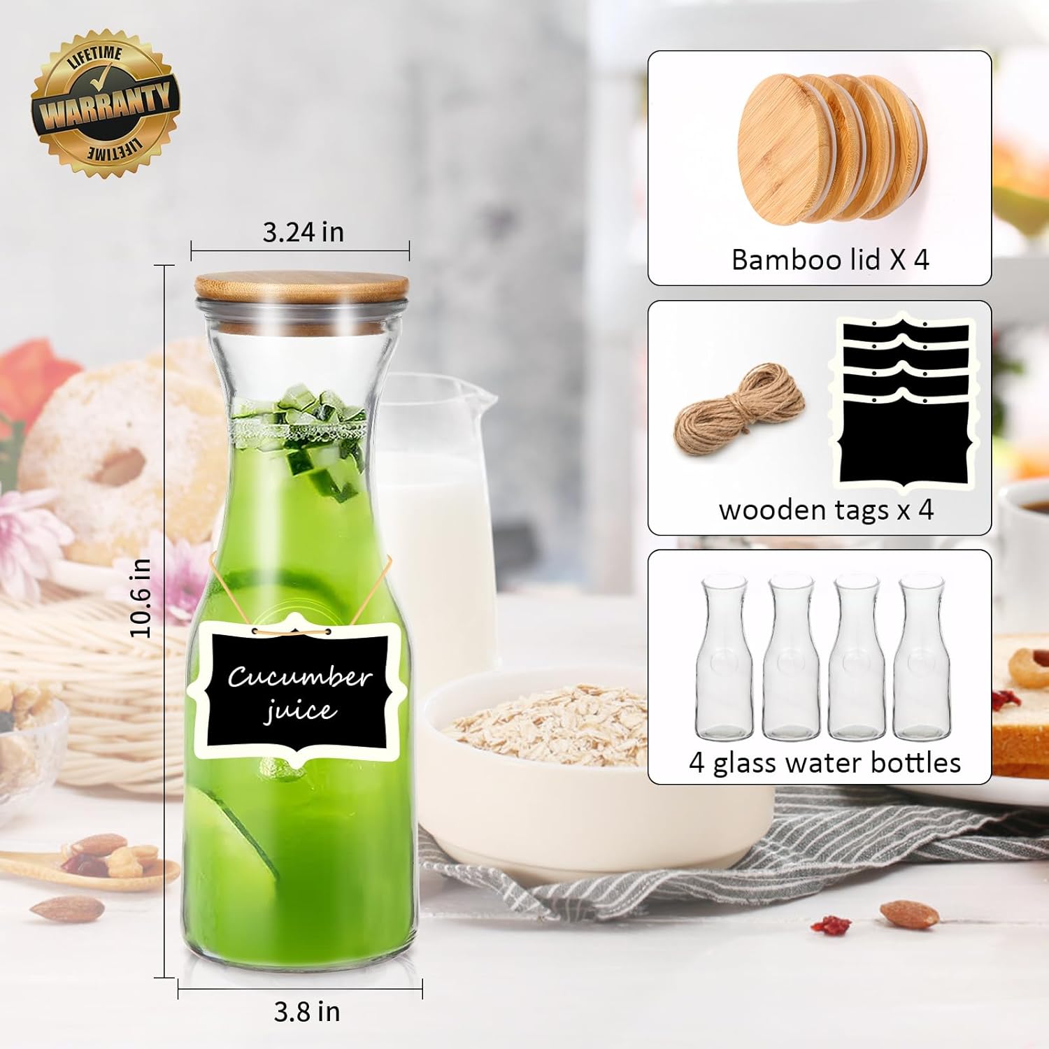 Jarra con tapas Juego de 4 jarras de vidrio con tapas de bambú de 1 litro para barra de mimosa con 4 tarjetas etiquetadas jarra de jugo para barra