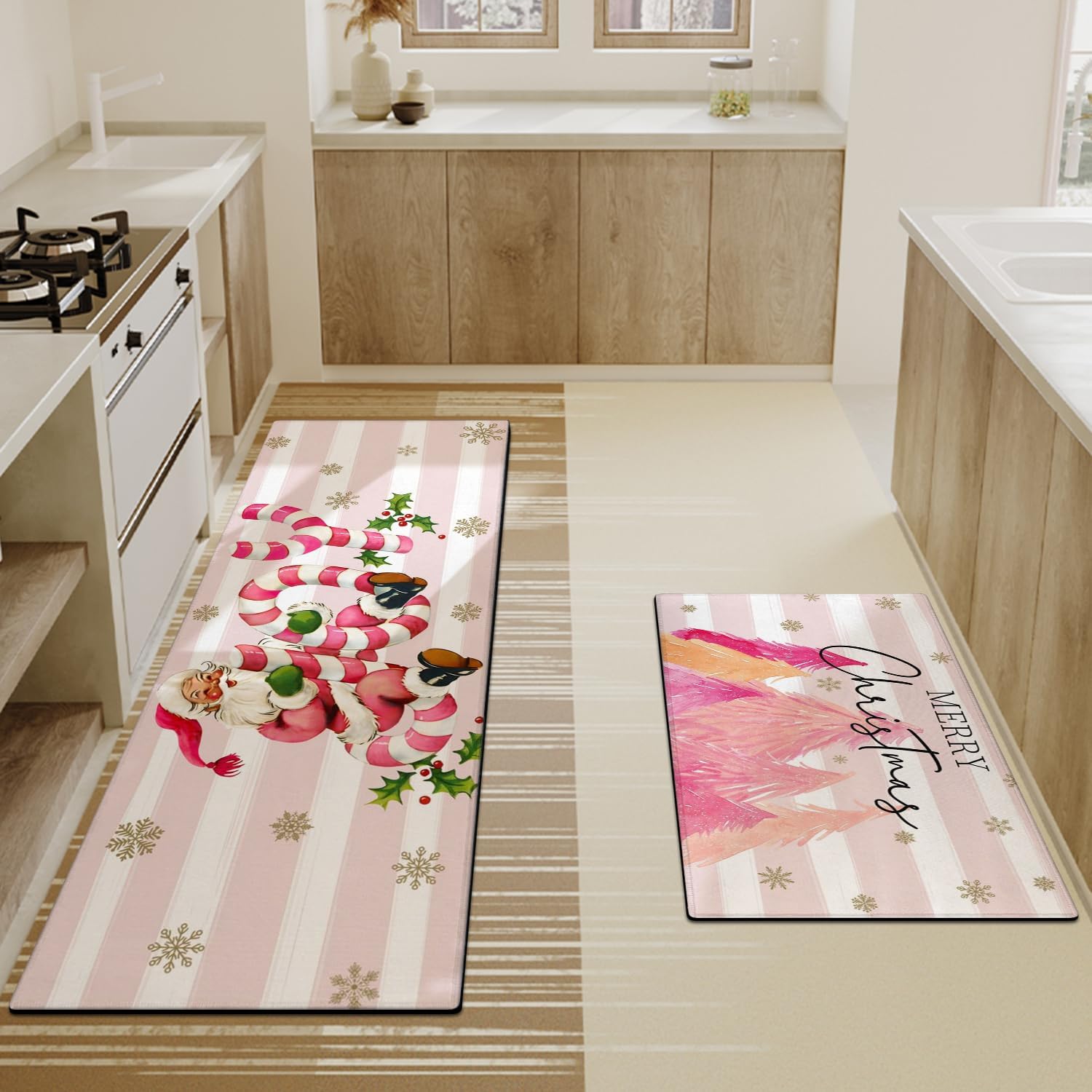 Xsinufn Juego de 2 alfombras y tapetes de cocina de Feliz Navidad, árboles de Navidad rosados, Papá Noel, Navidad, invierno, vacaciones, tapete