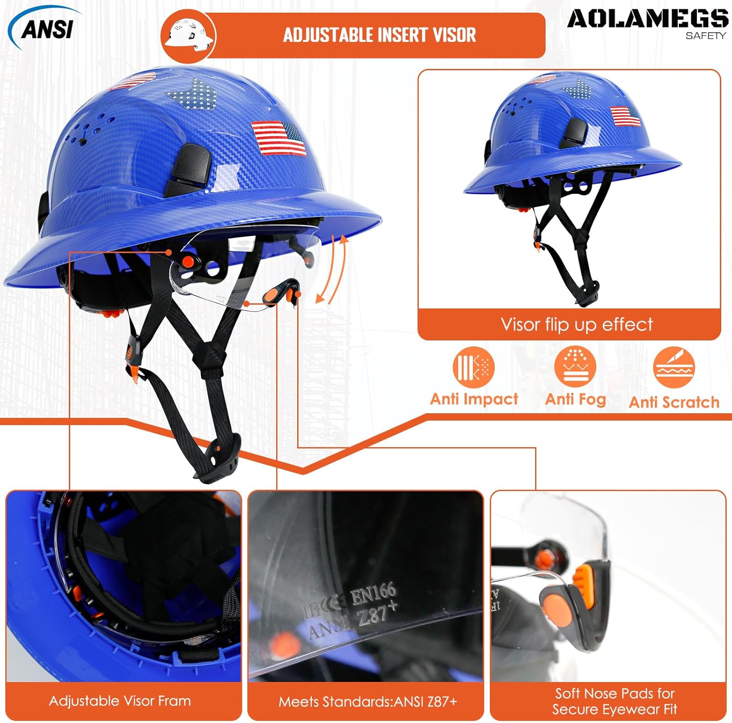 Aolamegs Safe Casco duro de ala completa con patrón de fibra de carbono con visera, casco de seguridad de construcción aprobado por la OSHA para