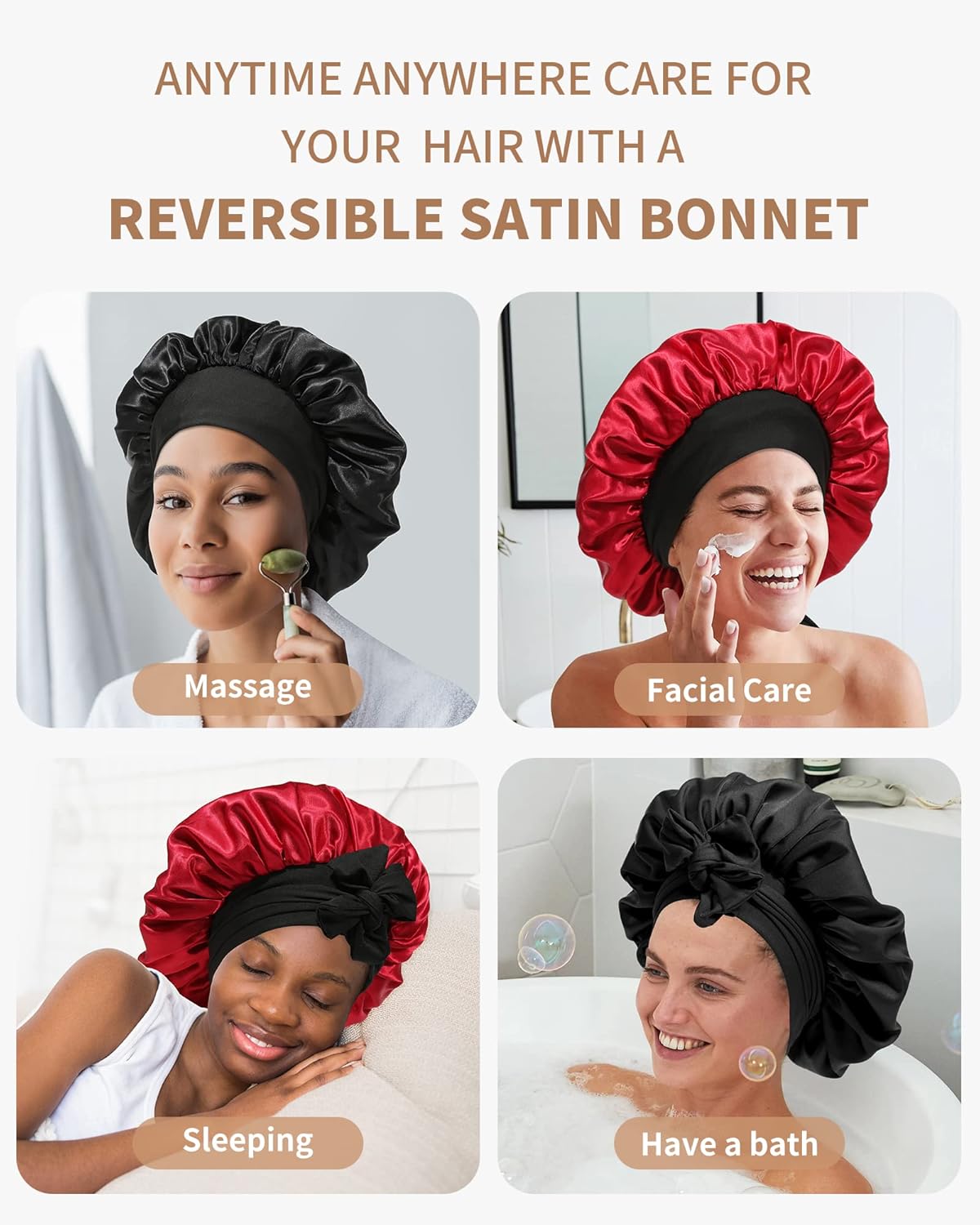 Gorro de satén para mujer, gorro de seda para dormir, gorro de pelo rizado con banda de corbata, doble capa para dormir, envoltura para el cabello