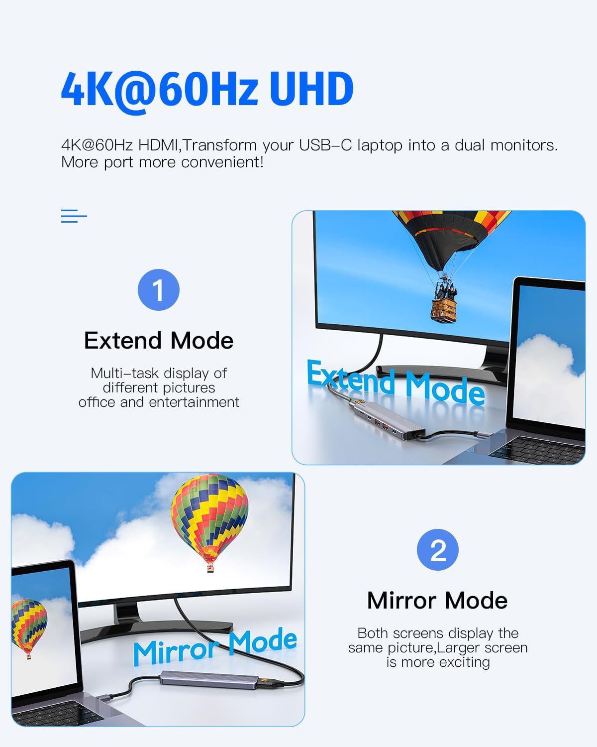 Hub USB tipo C, concentrador USB C de 10 Gbps, divisor USB C con 1 USB C 3.2 y 2 puertos de datos USB A 3.2, HDMI 4K a 60 HZ, 100 W PD, lector de