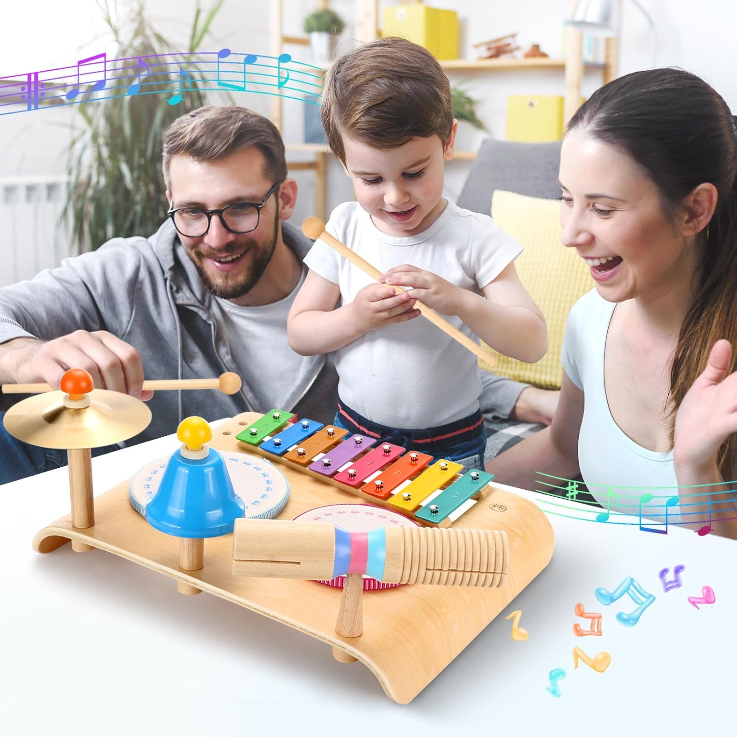 Juego de batería para niños, tambor para niños pequeños con xilófono, instrumentos de percusión de madera 8 en 1, juguetes musicales Montessori,
