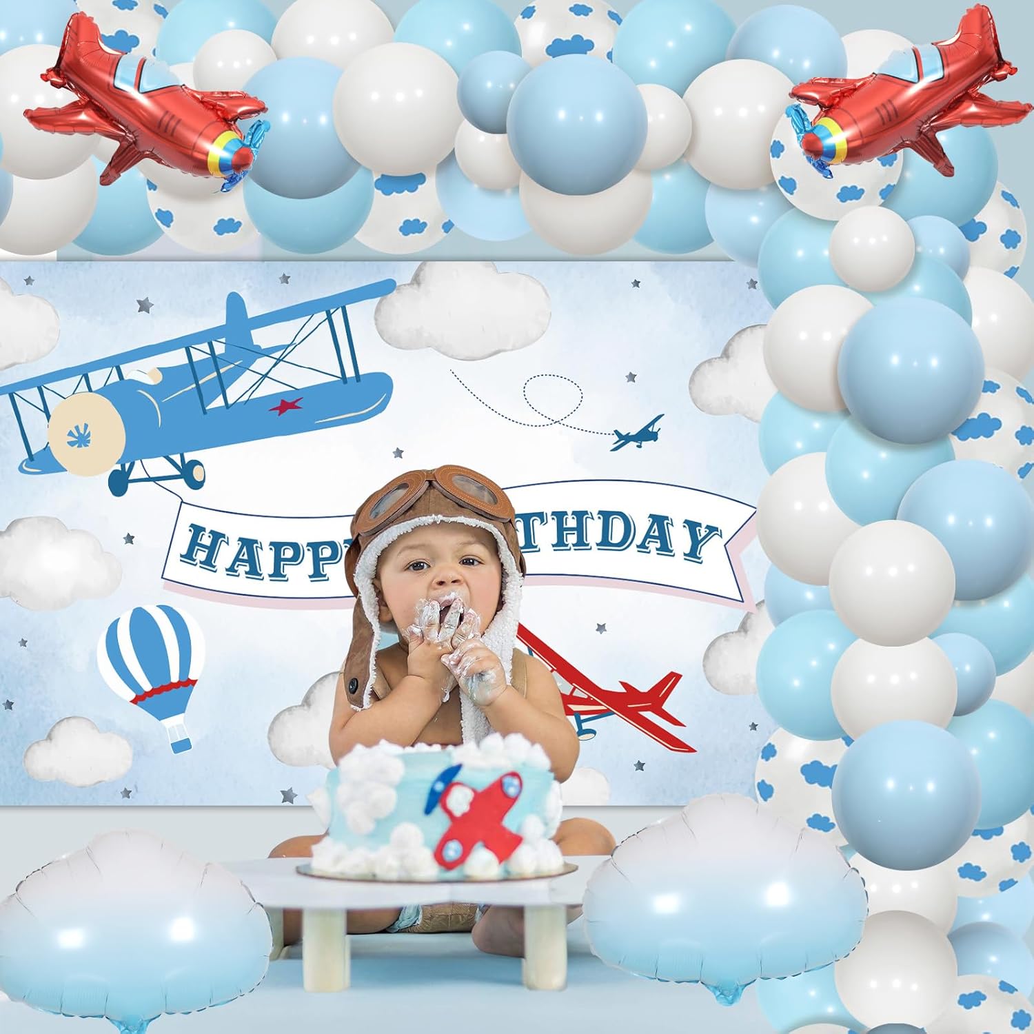 Decoraciones de fiesta de cumpleaños de avión, guirnalda de globos azules, telón de fondo de feliz cumpleaños, globos de papel de aluminio de nube