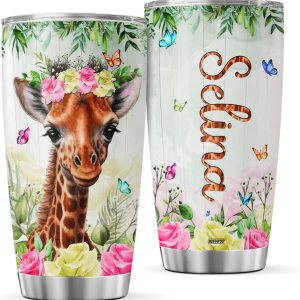 9GIFT4YOU Vaso de café personalizado con diseño floral de jirafa con tapa, lindo regalo de cumpleaños para mujeres, adolescentes, niñas, amigos, 9GIFT4YOU Vaso de café personalizado con diseño floral de jirafa con tapa, lindo regalo de cumpleaños para mujeres, adolescentes, niñas, amigos,