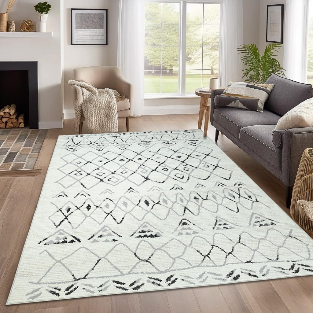 jinchan Alfombra marroquí lavable de 5 x 7 pies, moderna, geométrica, antideslizante, delgada, para interiores, para sala de estar, dormitorio,