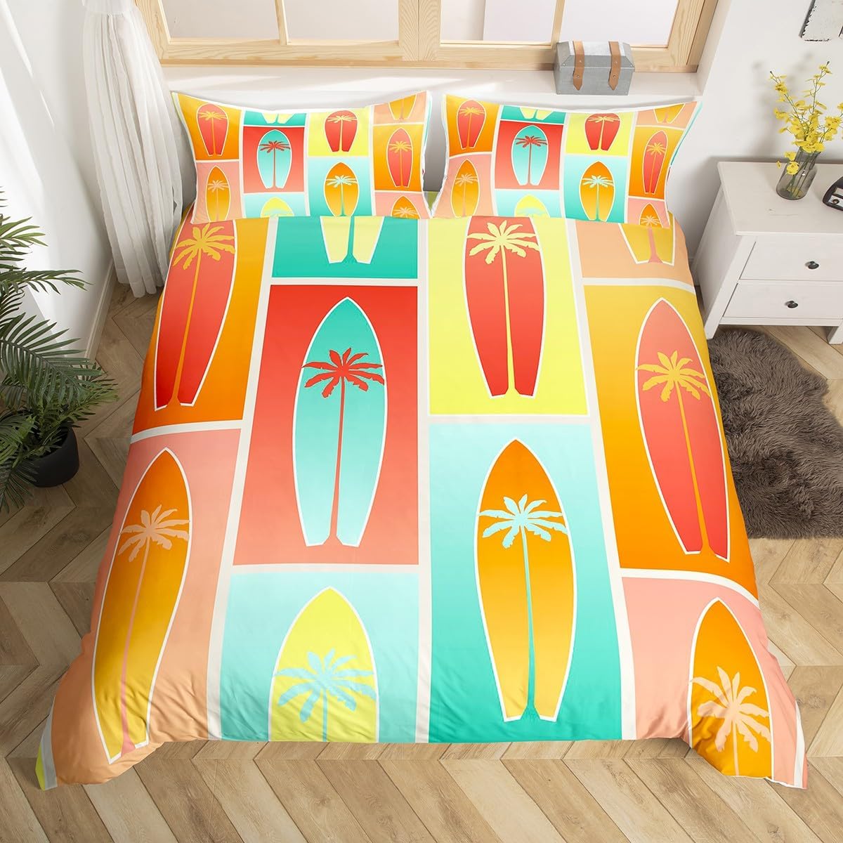 Manfei Juego de funda de edredón de tablas de surf de verano para niños, tamaño matrimonial, juego de ropa de cama de palmeras tropicales de 3