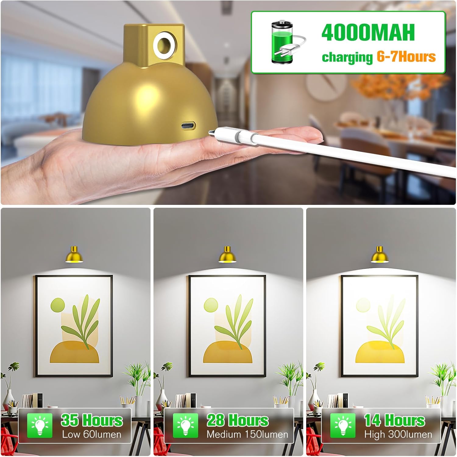 Luz de imagen funciona con pilas, luz dorada con control remoto y brillo ajustable temperatura de color para resaltar pinturas, fotografías u otros