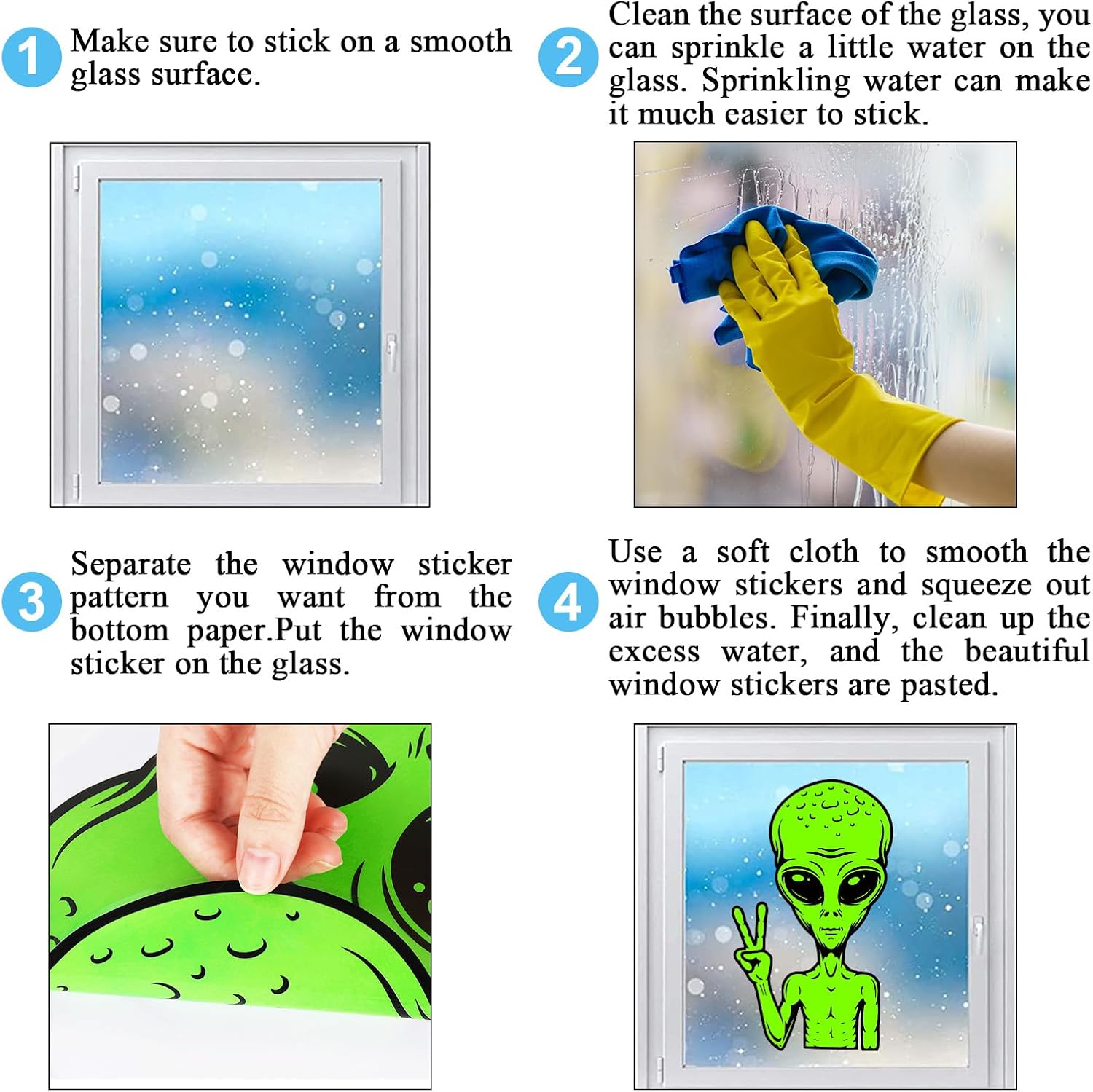 Whaline 6 hojas de calcomanías de ventana de alienígena de gran tamaño, color verde, platillo volador, calcomanías de ventana con temática OVNI de