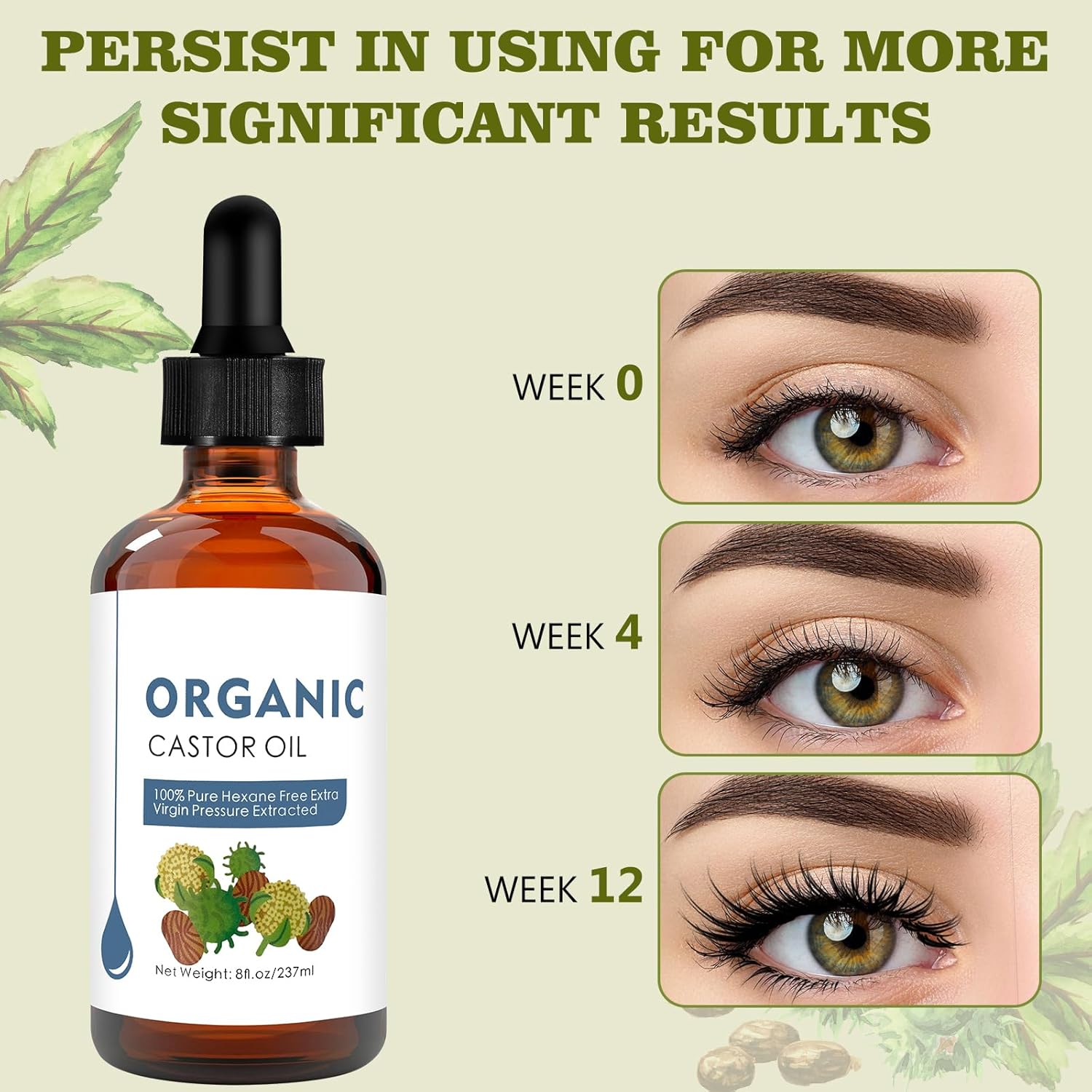 Aceite de ricino orgánico (2.11 onzas) con kit de pestañas, certificado orgánico, 100% puro, botella de vidrio, prensado en frío sin refinar, sin