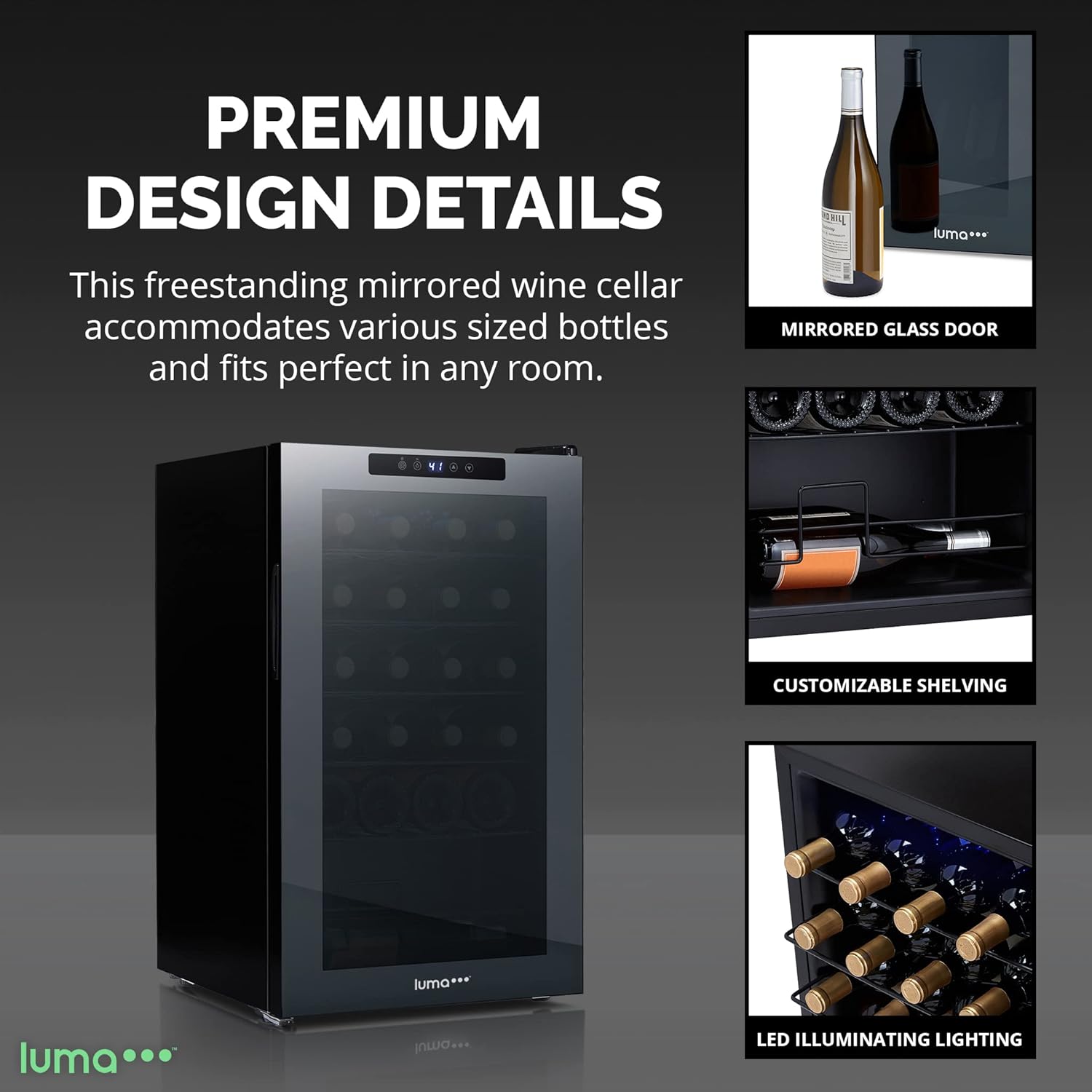 Shadow Series – Refrigerador de vino de 24 botellas, refrigerador de vino con espejo independiente con puerta de vidrio templado de doble capa y