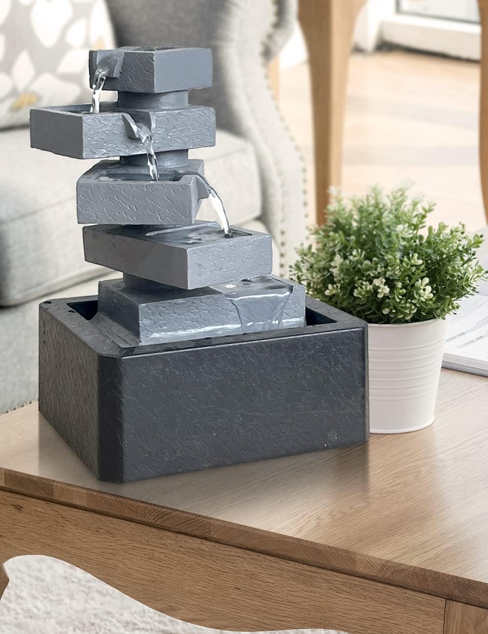 SEINHIJO Fuente de agua de mesa para interiores, Fengshui, cascada, centro de mesa, decoración moderna, escultura, regalos, luces LED de 11 pulgadas