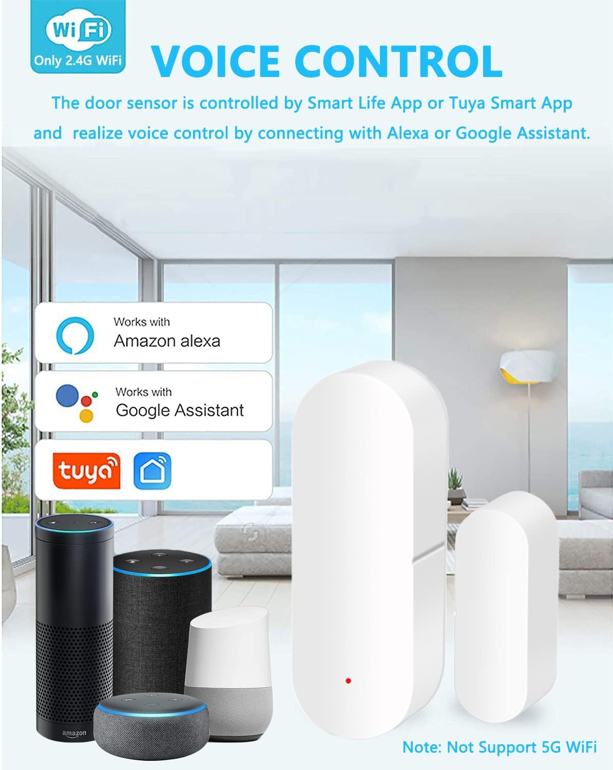 Alarma inalámbrica con sensor de puerta inteligente, sensor de contacto WiFi para puerta de ventana para sistema de seguridad del hogar, monitor