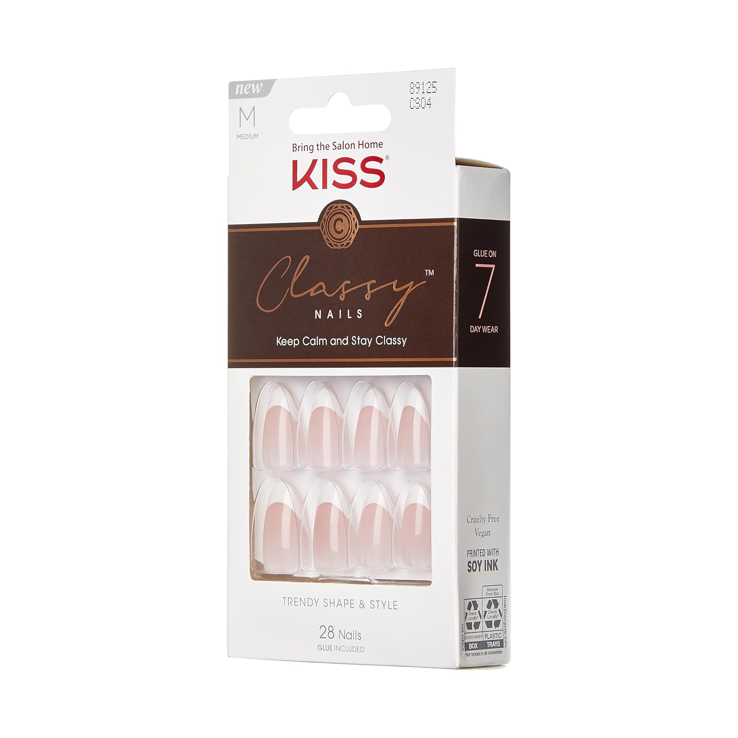 KISS Uñas a presión con clase, pegamento de uñas incluido, color blanco claro, tamaño mediano, forma de almendra, incluye 28 uñas, 0.07 onzas de