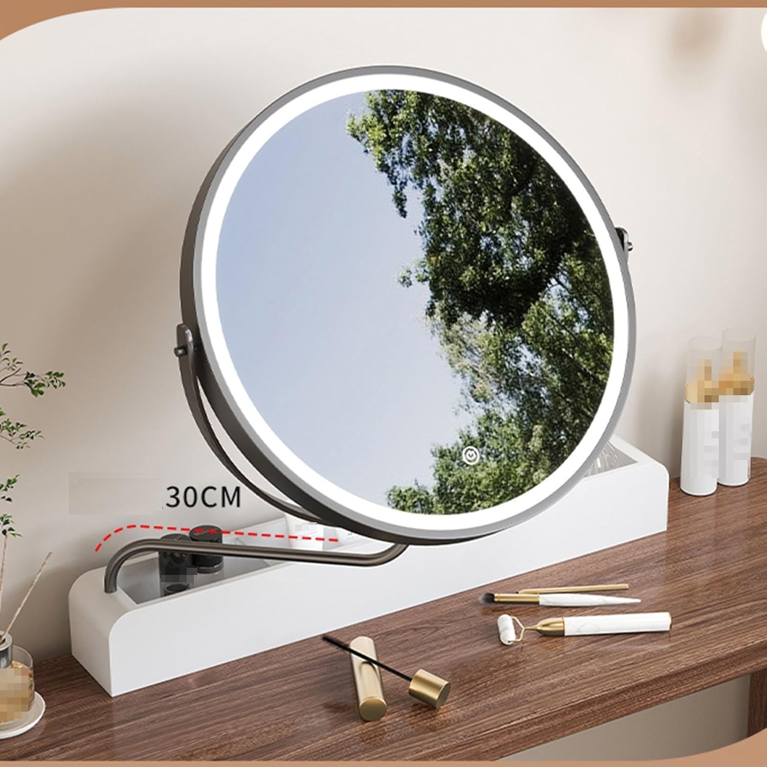 GOYUXV Espejo de maquillaje inteligente de madera maciza, espejo de tocador LED giratorio, espejo grande de escritorio, caja de almacenamiento de