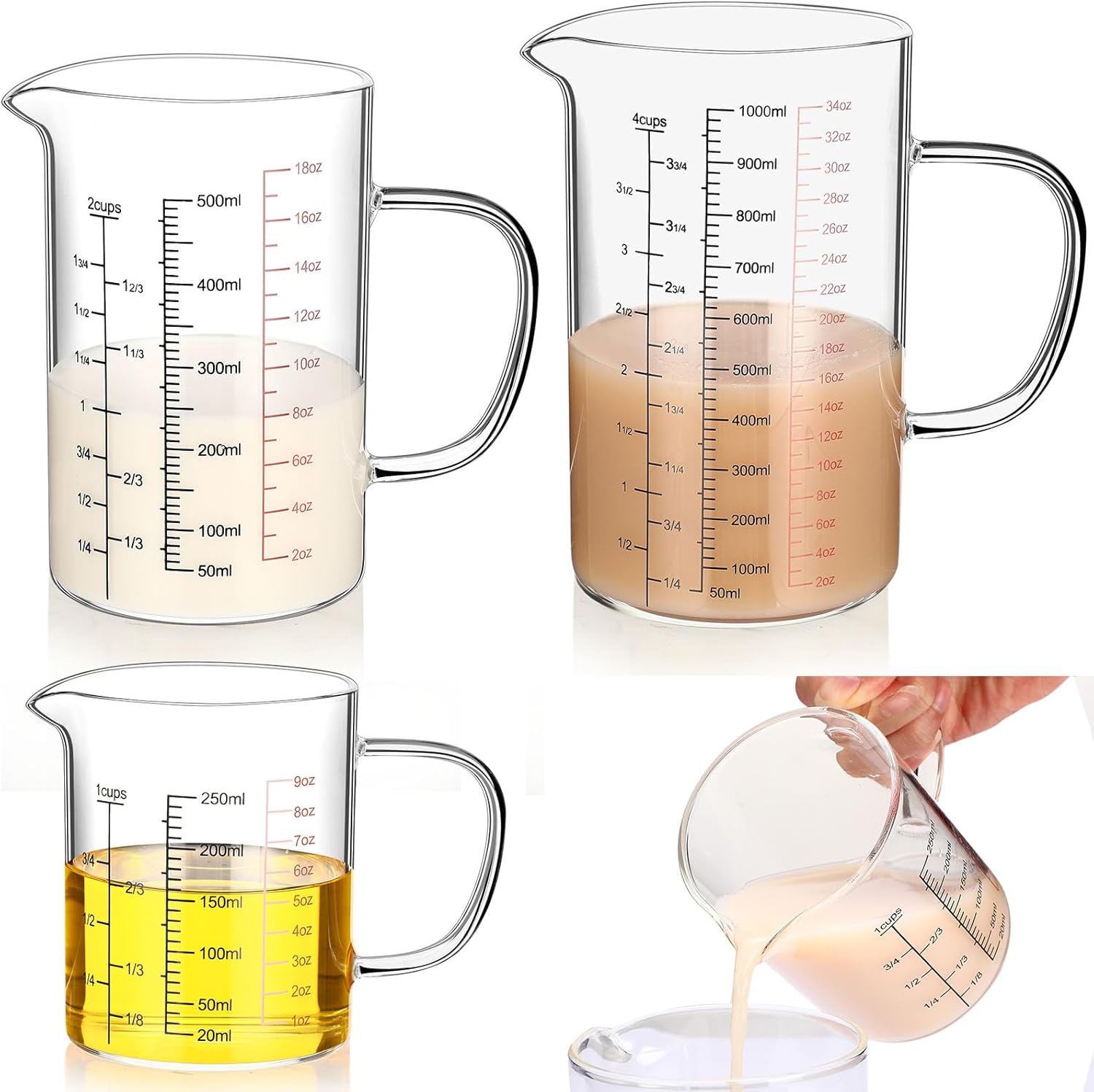 Lallisa Paquete de 3 tazas medidoras de vidrio con asa y boquilla en forma de V, vaso de vidrio de borosilicato alto con 3 escalas (Oz, taza, Ml)