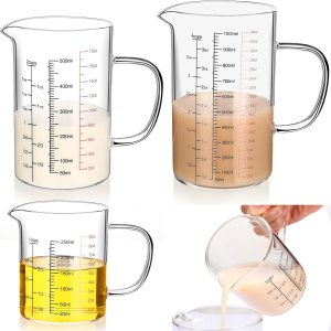 Lallisa Paquete de 3 tazas medidoras de vidrio con asa y boquilla en forma de V, vaso de vidrio de borosilicato alto con 3 escalas (Oz, taza, Ml) Lallisa Paquete de 3 tazas medidoras de vidrio con asa y boquilla en forma de V, vaso de vidrio de borosilicato alto con 3 escalas (Oz, taza, Ml)