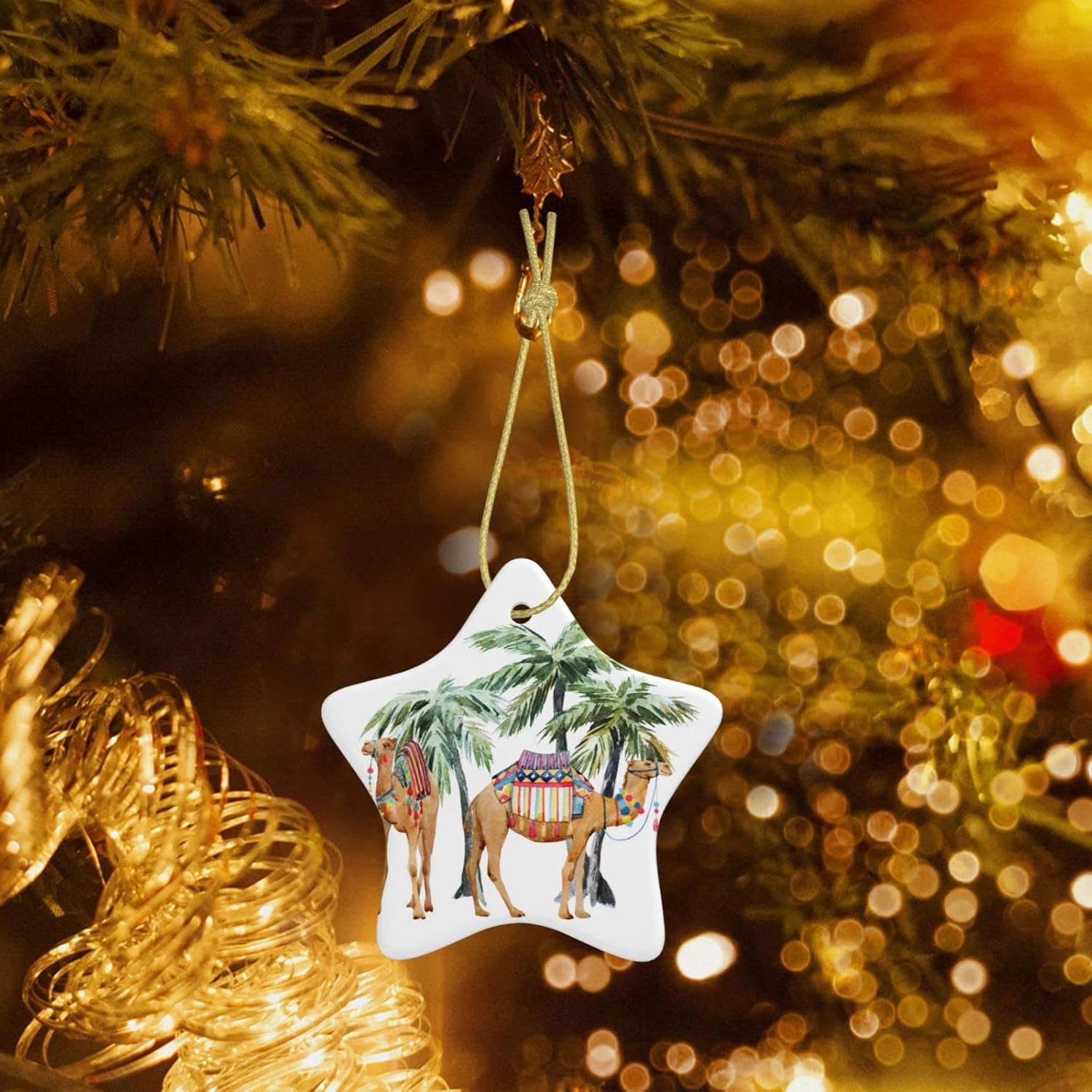 Adorno colgante de Navidad en forma de estrella de cerámica, camellos bajo palmeras, adorno colgante personalizado para árbol de Navidad