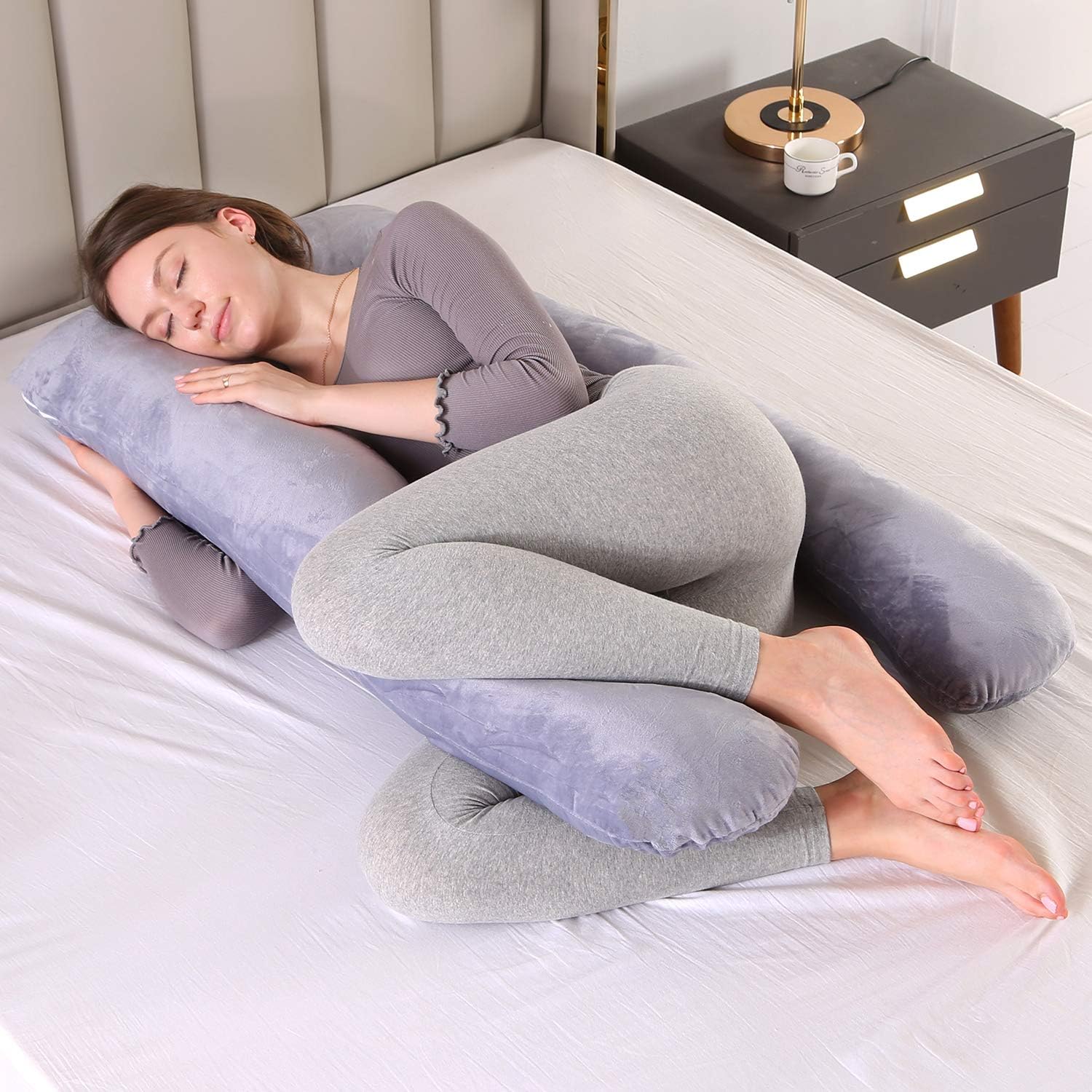 Almohada de embarazo grande en forma de U con forma de U con funda de almohada de algodón reemplazable y lavable para mujeres embarazadas que