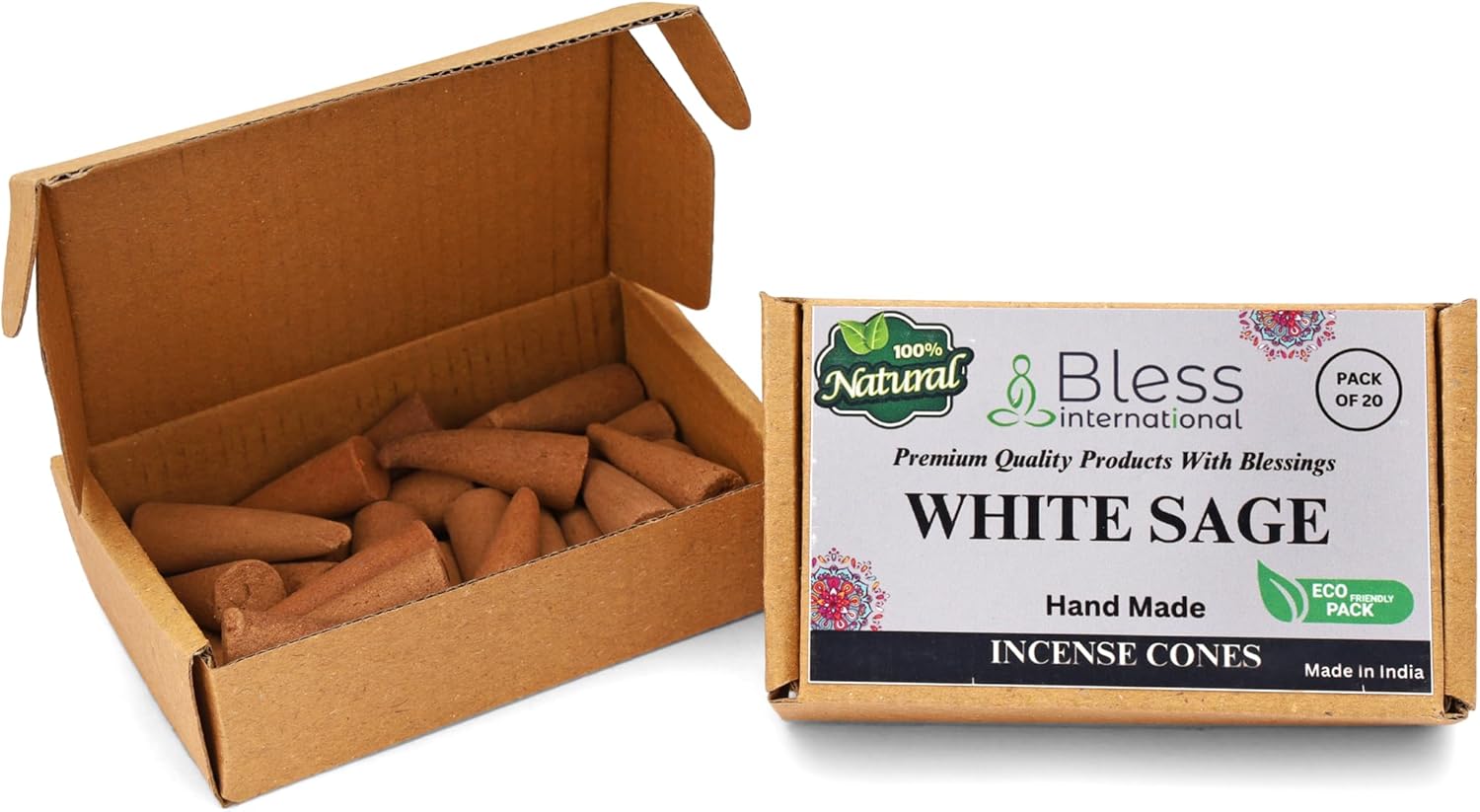Bless-International White Sage 100% – Conos de incienso naturales hechos a mano, sumergidos a mano, orgánicos, sin productos químicos para