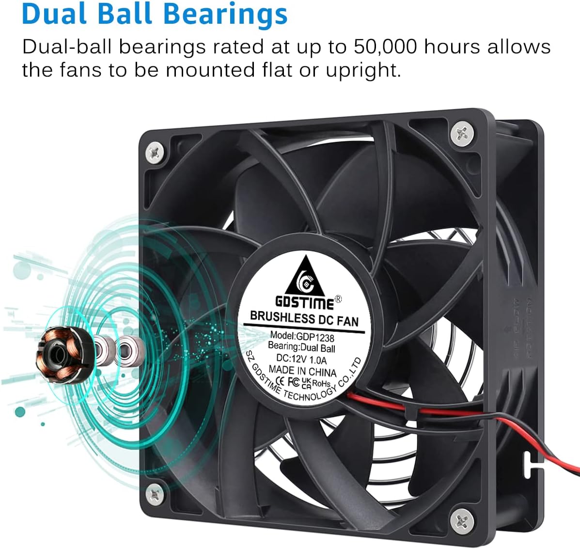 GDSTIME Doble rodamiento de bolas gran flujo de aire de alta velocidad Preesure 4500rpm 12038 4.7 in 4.724 in X 1.496 in 5 pulgadas 12v DC