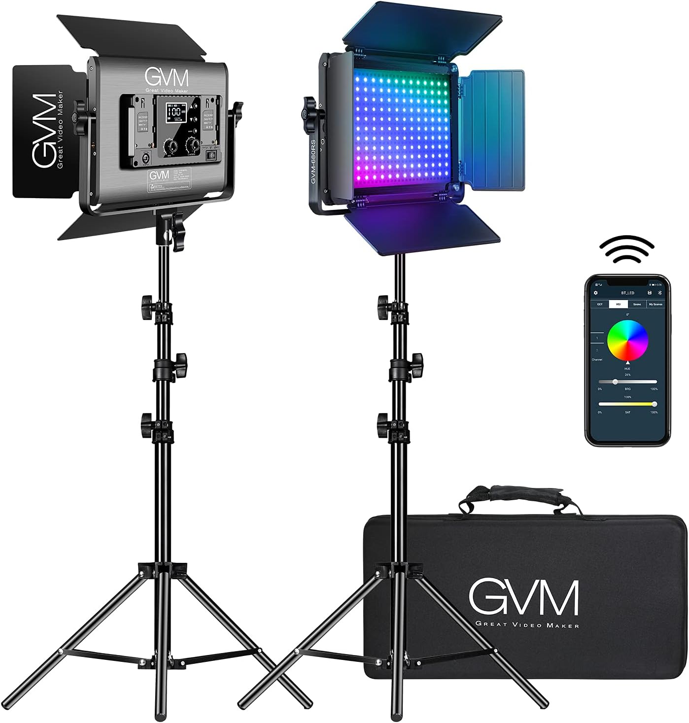 GVM – Luz de video LED RGB con kits de iluminación, panel de luz LED 680RS 50W con control Bluetooth, 2 paquetes de iluminación de fotografía para