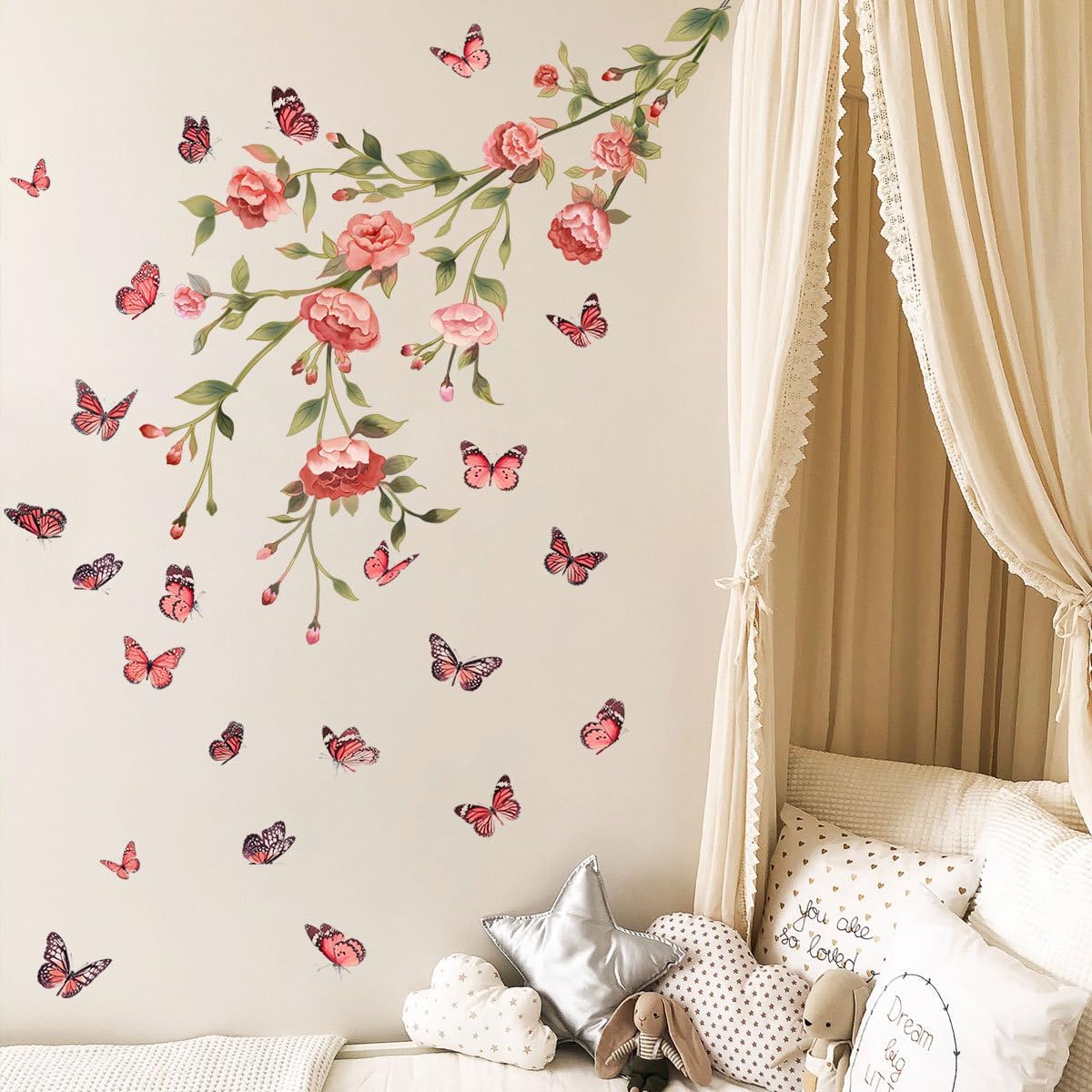 Adhesivo de pared de flores rojas con diseño de mariposas revoloteantes, decoración de pared de plantas florales, papel tapiz para despegar y pegar,