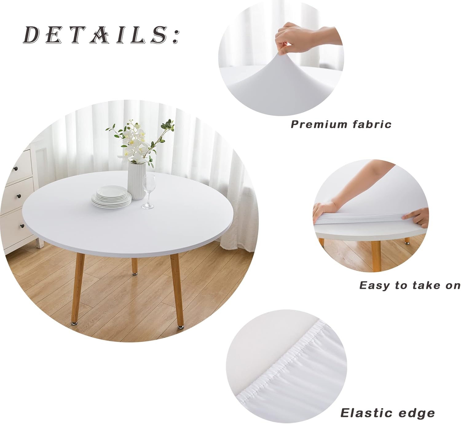 Mantel redondo ajustable de 5 pies de elastano, elástico, borde elástico, color blanco, para comedor, boda, fiesta, picnic, 60 pulgadas