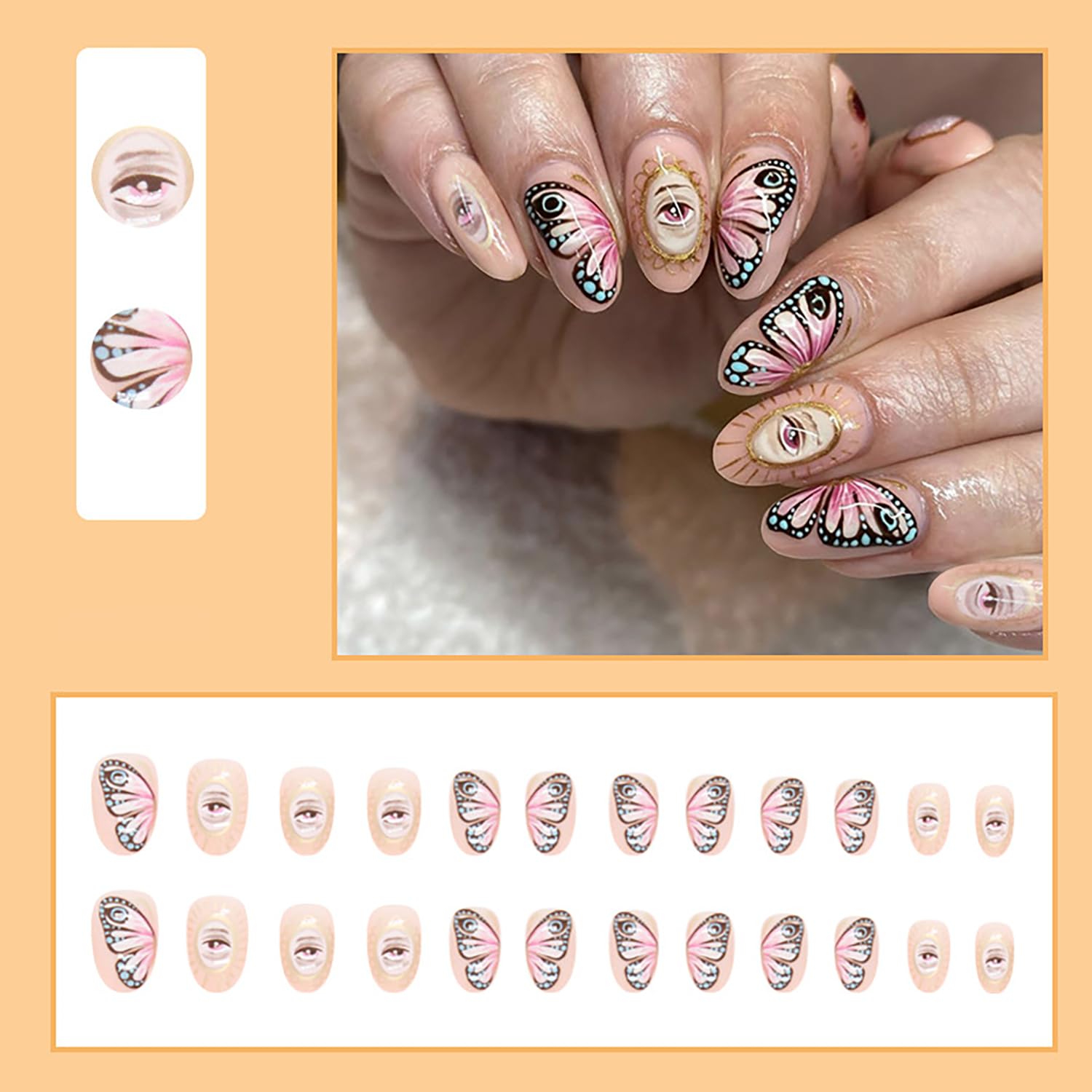 Uñas postizas a presión de almendra, uñas postizas cortas color rosa nude, diseño de mariposa y ojos, uñas postizas con diseños, uñas brillantes de