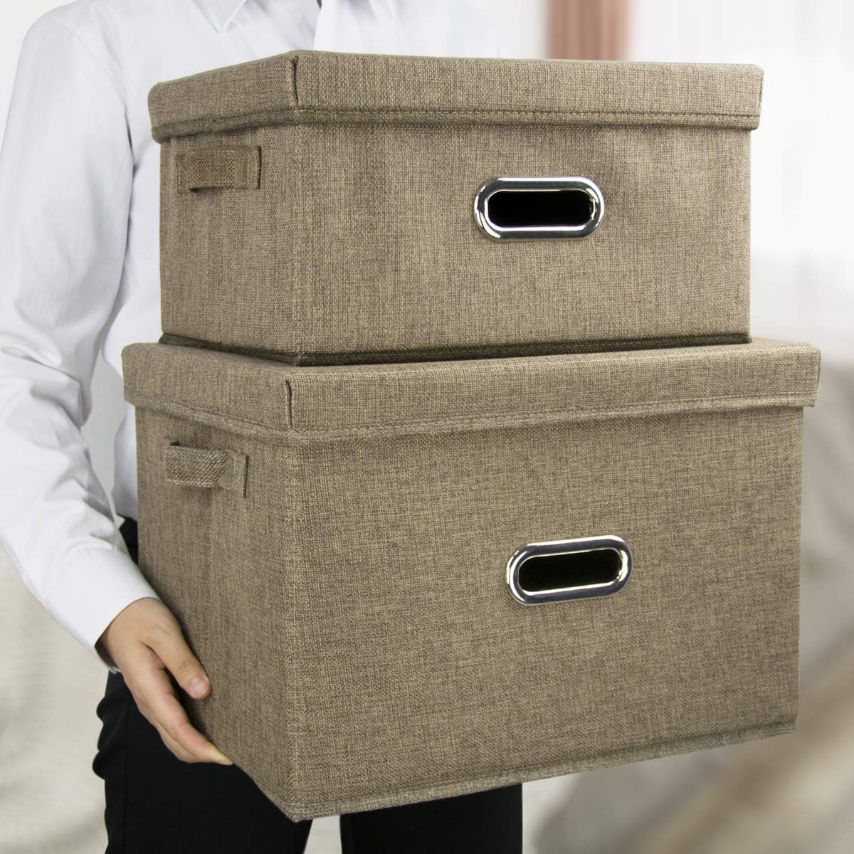 Caja de almacenamiento de tela de arpillera con tapas, organizador de armario de ropa para el hogar, oficina, almacén, guardería, dormitorio, sala