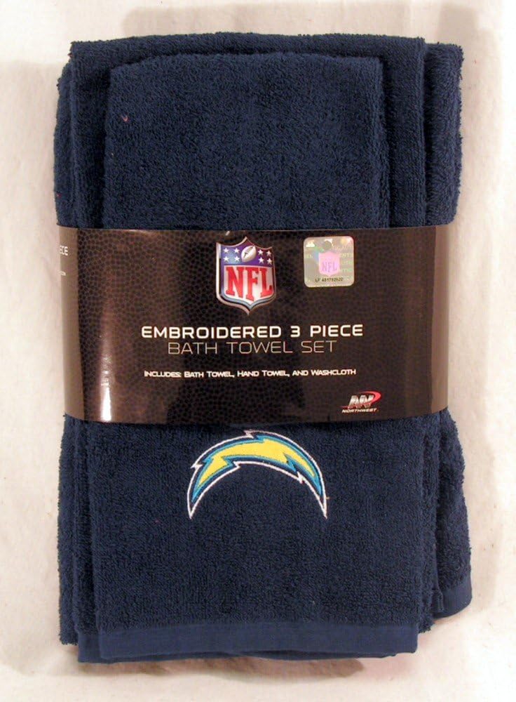 Northwest San DiegoLA Los Angeles Football Chargers – Juego de toallas de baño bordadas de 3 piezas (toalla de mano, toalla de baño y toallita)