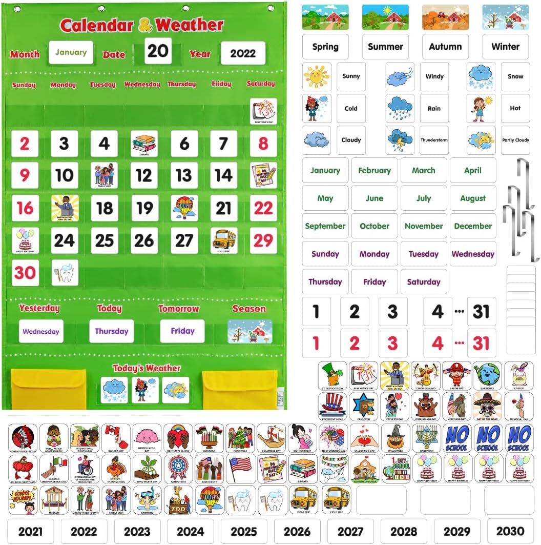 Calendario y tabla de bolsillo para el clima, incluye 4 carteles exclusivos y 142 tarjetas, calendario infantil para aula y educación en el hogar,
